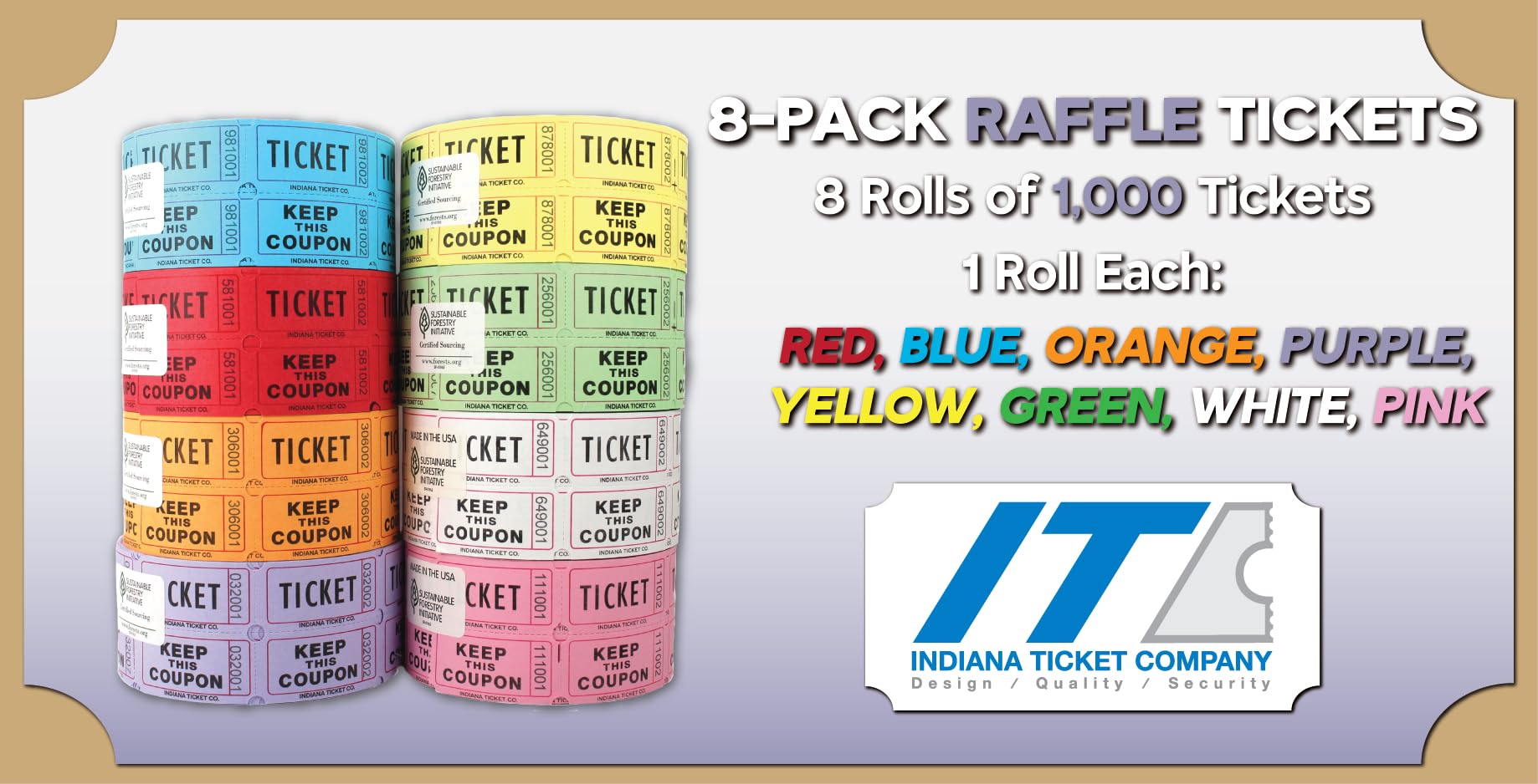 INDIANA TICKET CO. Doble rollo de 8 boletos para rifa. 8 rollos de 1,000. 1 rollo cada uno rojo, azul, naranja, morado, verde, blanco, rosa y amarillo. Entradas para eventos, recompensas de clase,