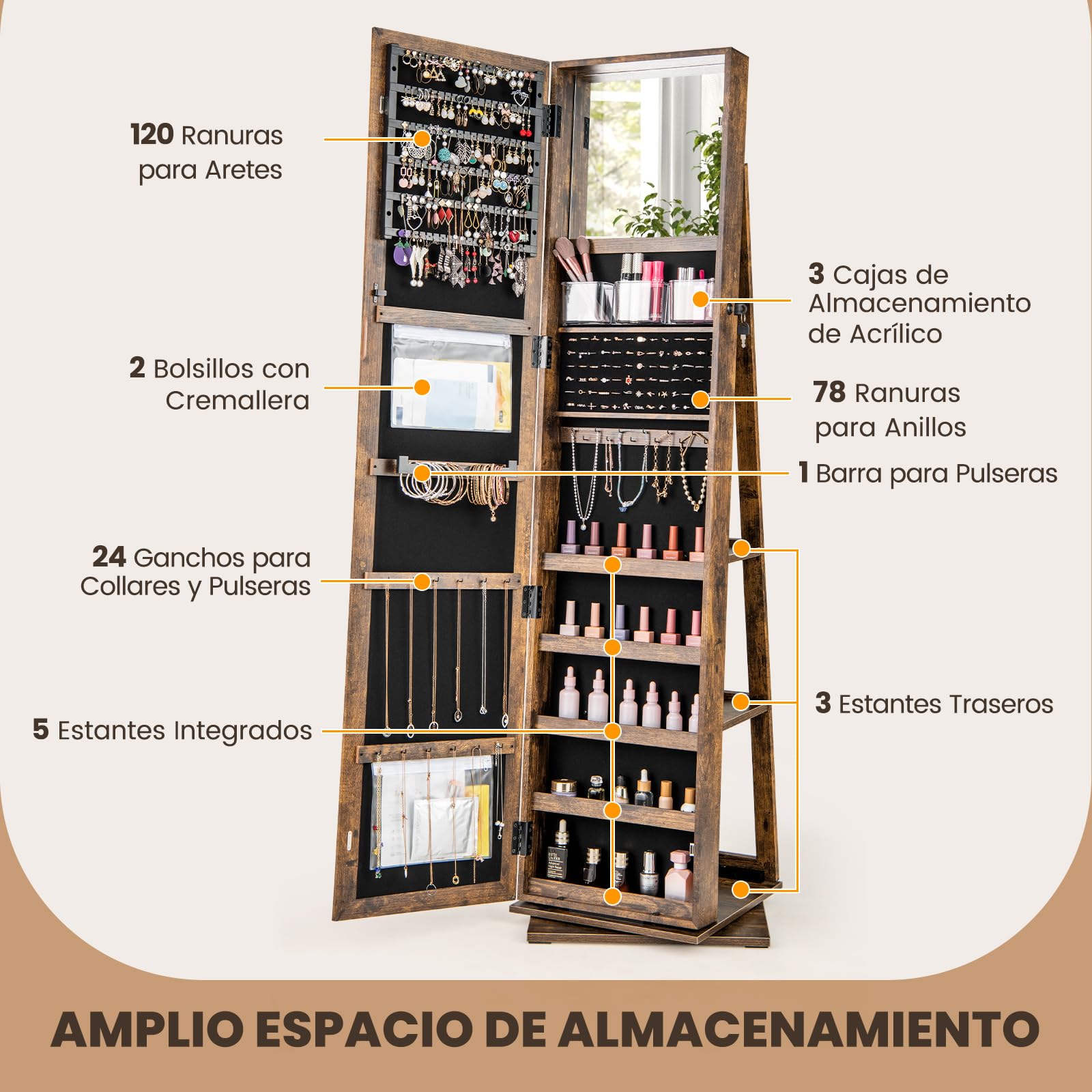 COSTWAY Armario para Joyas Giratorio 360°, Espejo Joyero de Pie con Estantes Traseros, Espejo de Maquillaje Integrado, 3 Cajas y 2 Bolsillos con Cremallera para Dormitorio (Marrón)