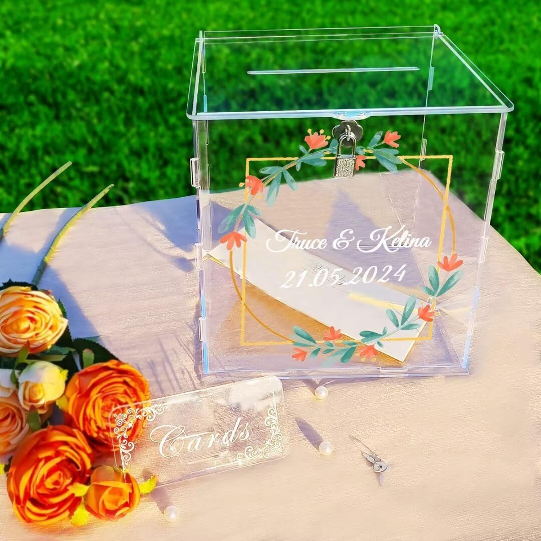 Grande Acrilico Scatola di Carta di Nozze Scatola - Scatola Porta Buste Matrimonio con Serratura e Slot Scatola, per Ricevimento, Anniversario, Festa del Bambino, Salvadanaio Trasparente