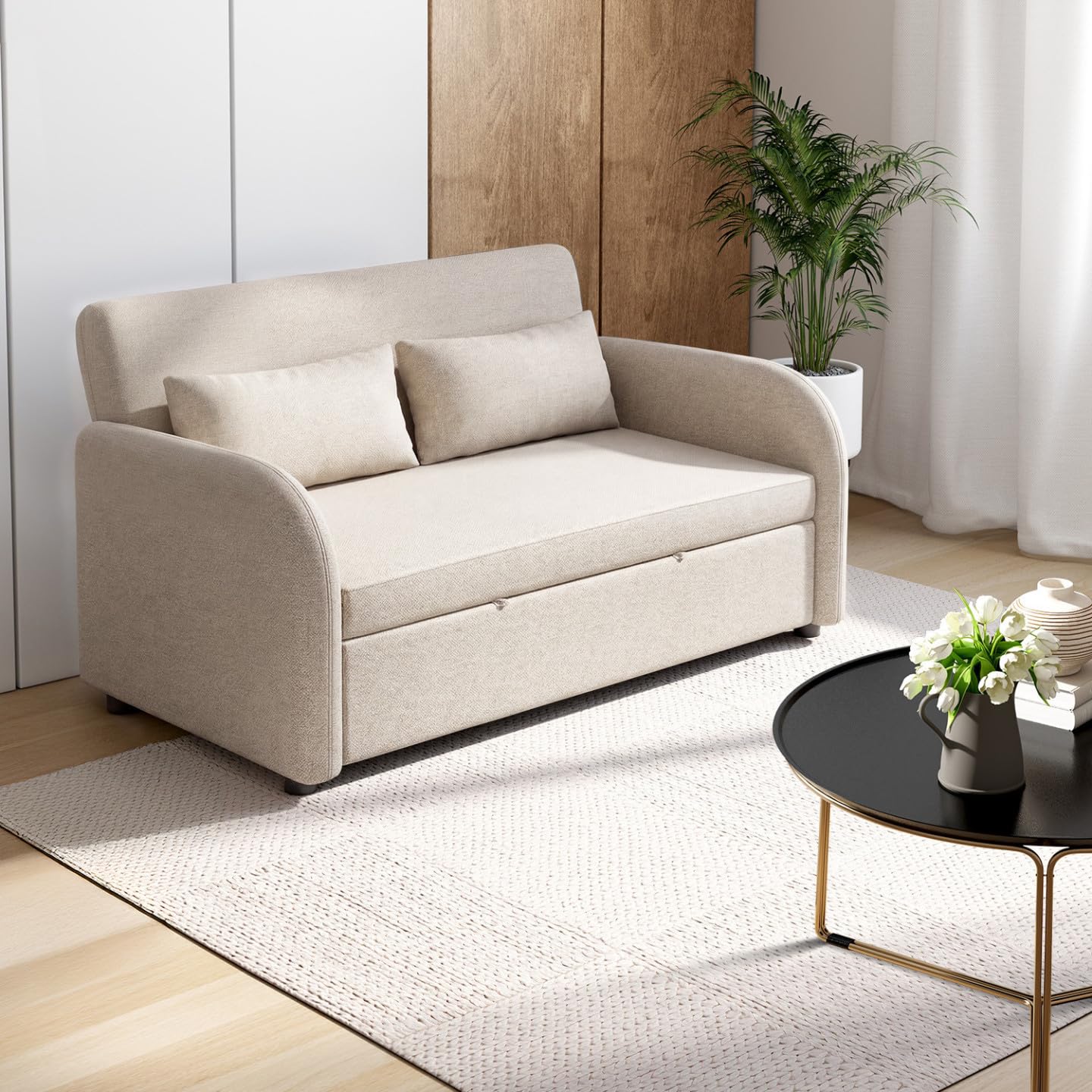IDMarket - Canapé Droit 2 Places Convertible Noah en Tissu Beige