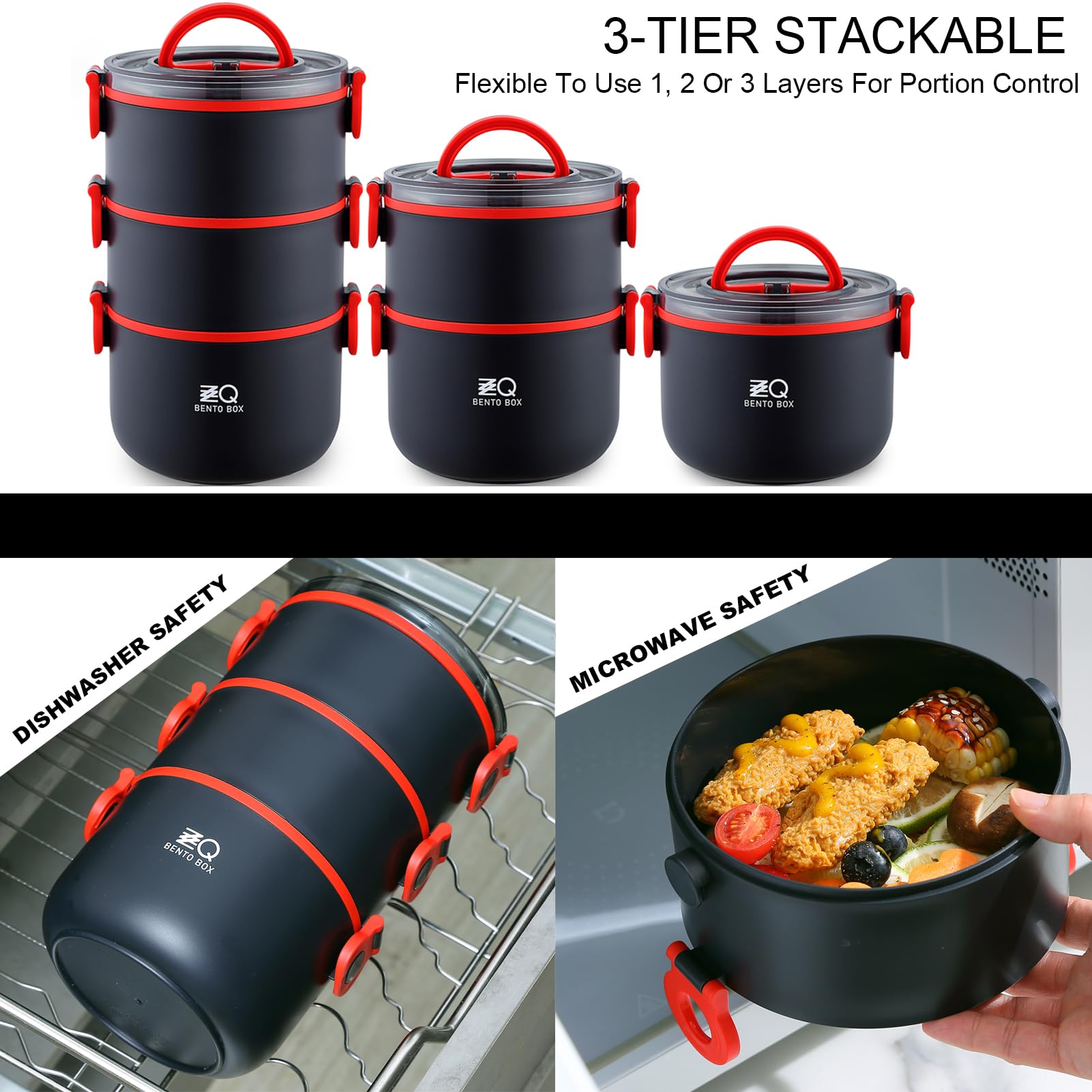 Boîte à déjeuner Bento pour adultes/adolescents, boîtes à déjeuner empilables à 3 niveaux avec sac – Cuillère intégrée, boîtes à salade sans BPA, anti-fuite, passe au micro-ondes (noir)