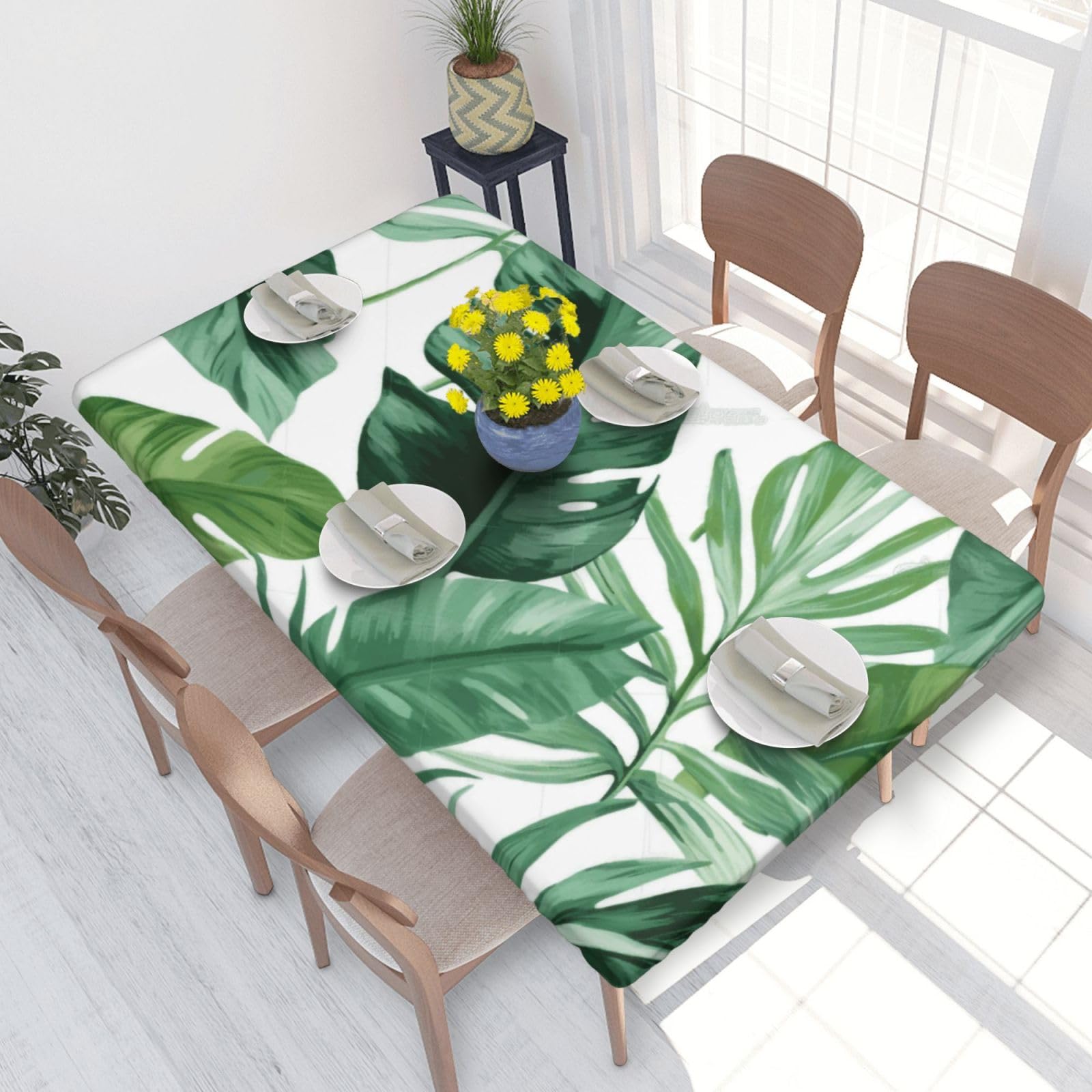 DCARSETCV Cute green palm leaves Printed 4FT Waterproof Tablecloth with Elastic Edged Protect & Decor Your Table, Oil-proof Washable Table Cloth Cover for Dinner Picnic Party