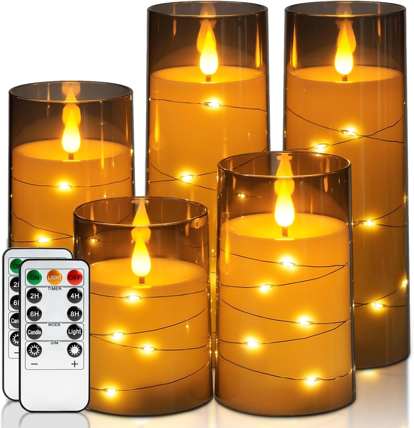 Candele bianche senza fiamma con stringa di stelle incorporate, funzionamento a batteria, candele LED, candele finte con telecomando e timer, set da 5 (H4 12,7 cm, 15,2 cm, 20,3 cm, 20,3 cm)