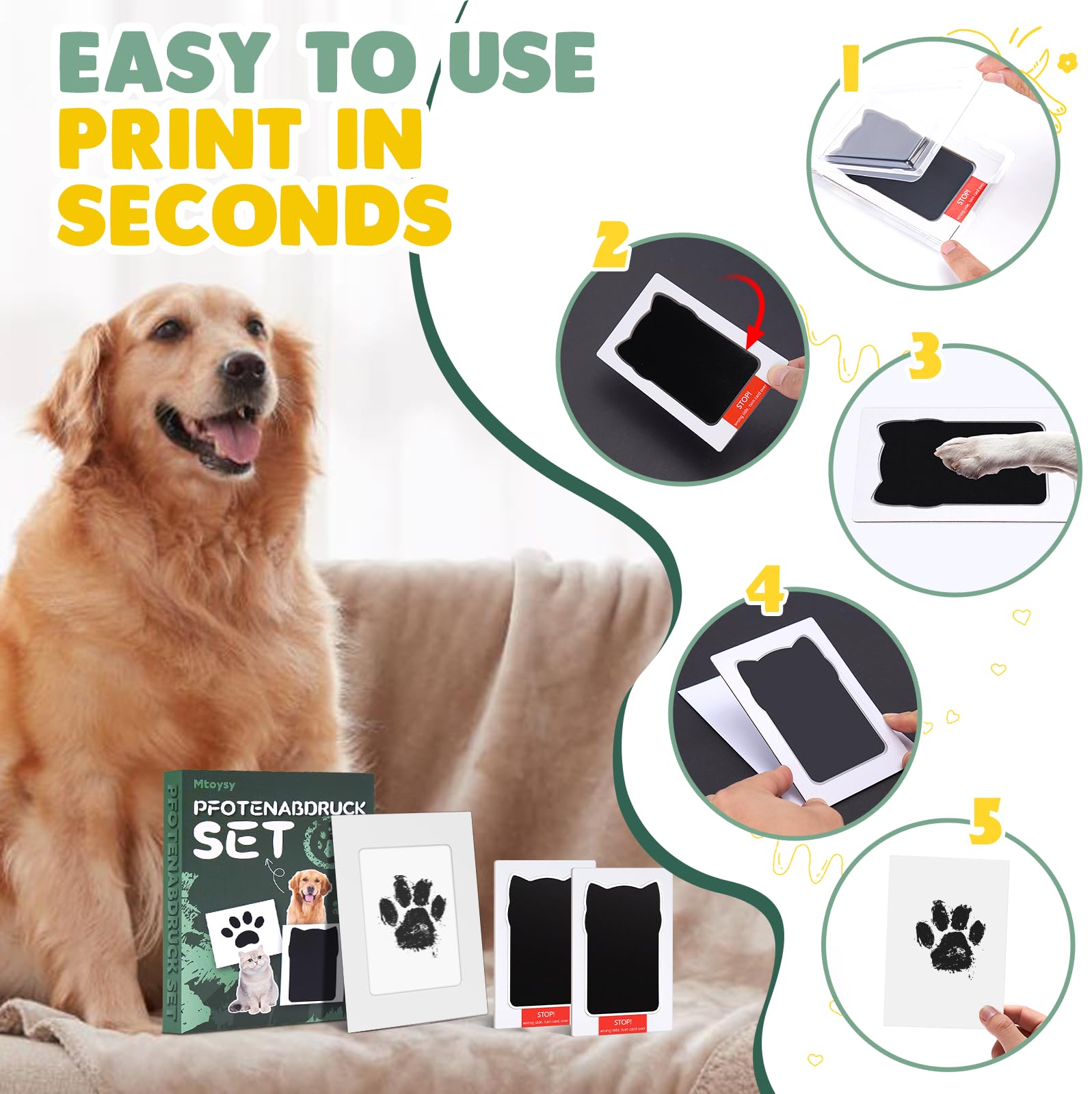 mtoysy Pet Paw Print Kit, Paw Print Kit for Dogs Cats 4 Pcs Inkless Pet Memorial Pawprint Stamp Pads with 8 Imprint Cards - Image 4
