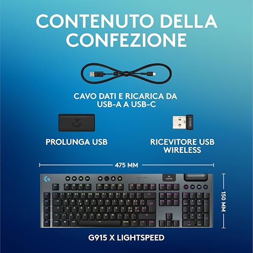 Logitech G G915 X LIGHTSPEED Clavier gaming sans fil ultra-plat | Clavier Italien QWERTY, Tactile - Noir - 10