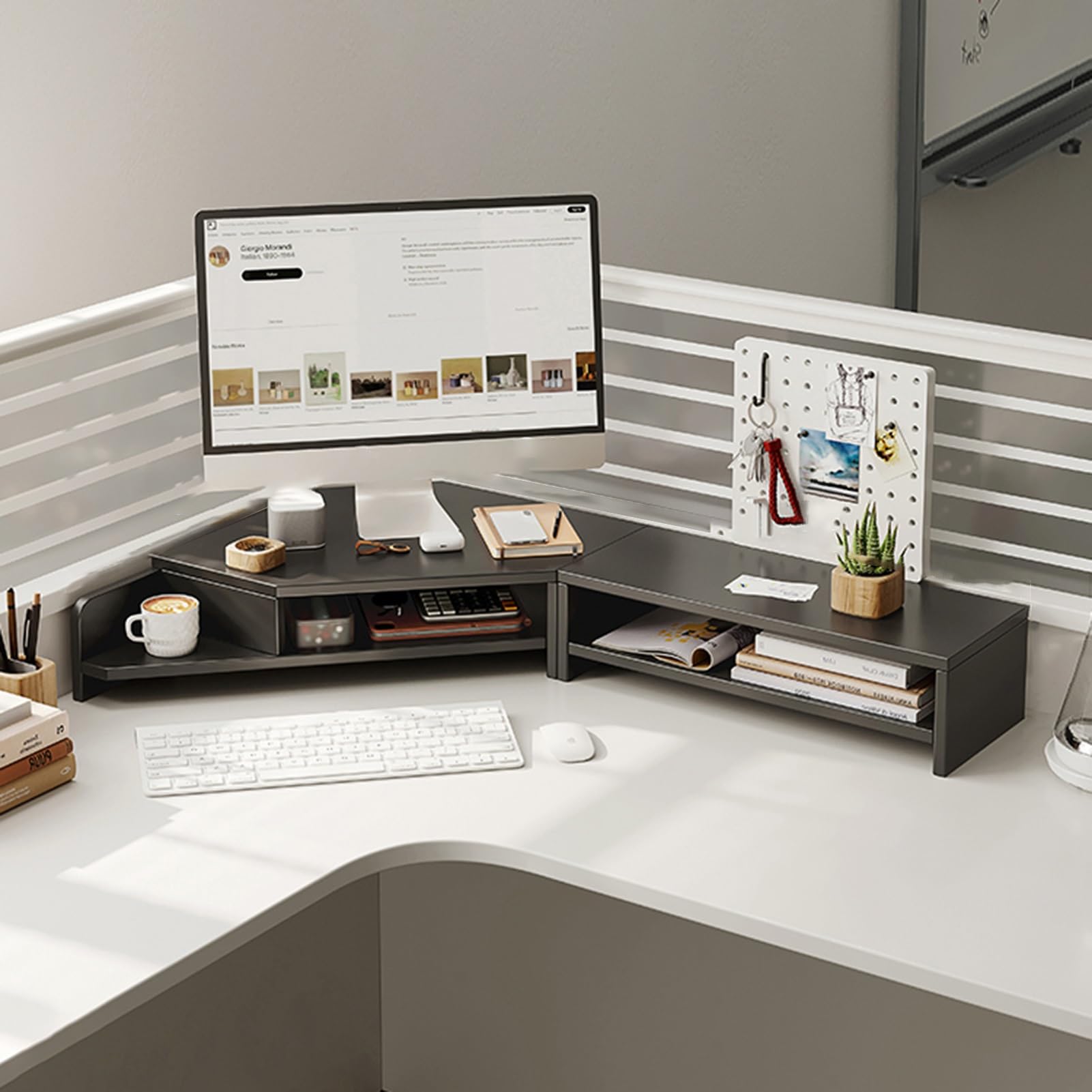 bnjlSDATwr monitor riser， Desktop Organizer Computer Monitor Stand 2 Monitors Riser Desk Shelf, Large Corner Tabletop for L-shaped Desks, Ergonomic Space Saving Screen/TV , Brown(Black)