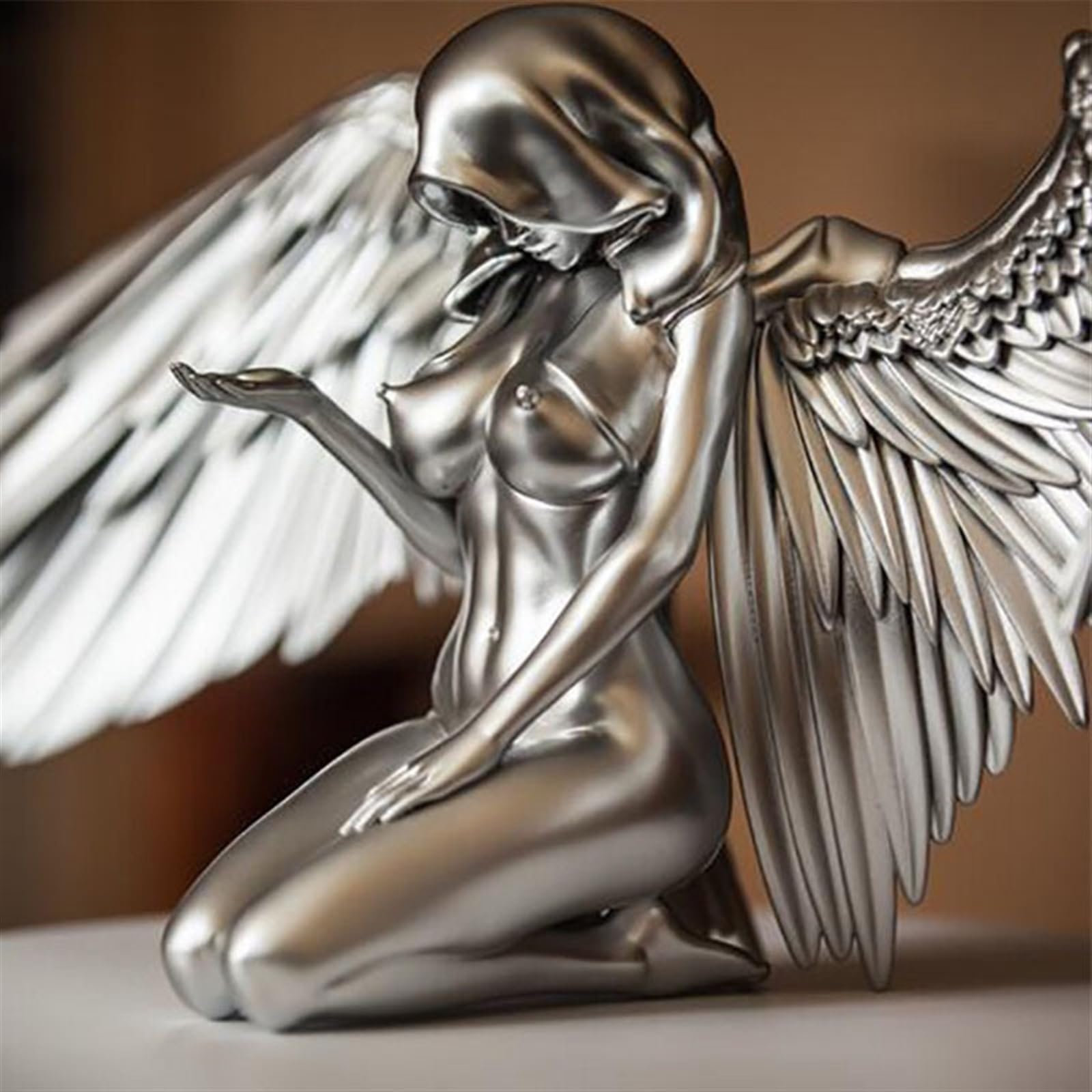 Akanya Women's Silver Art Angel Woman Wings Kneeling Figure Cloak Hat-Nude Statues And Figurines,Angel Art Sculpture,3D Resin Statue Desktop Ornaments Redemption Creative Sculpture For Home Garden