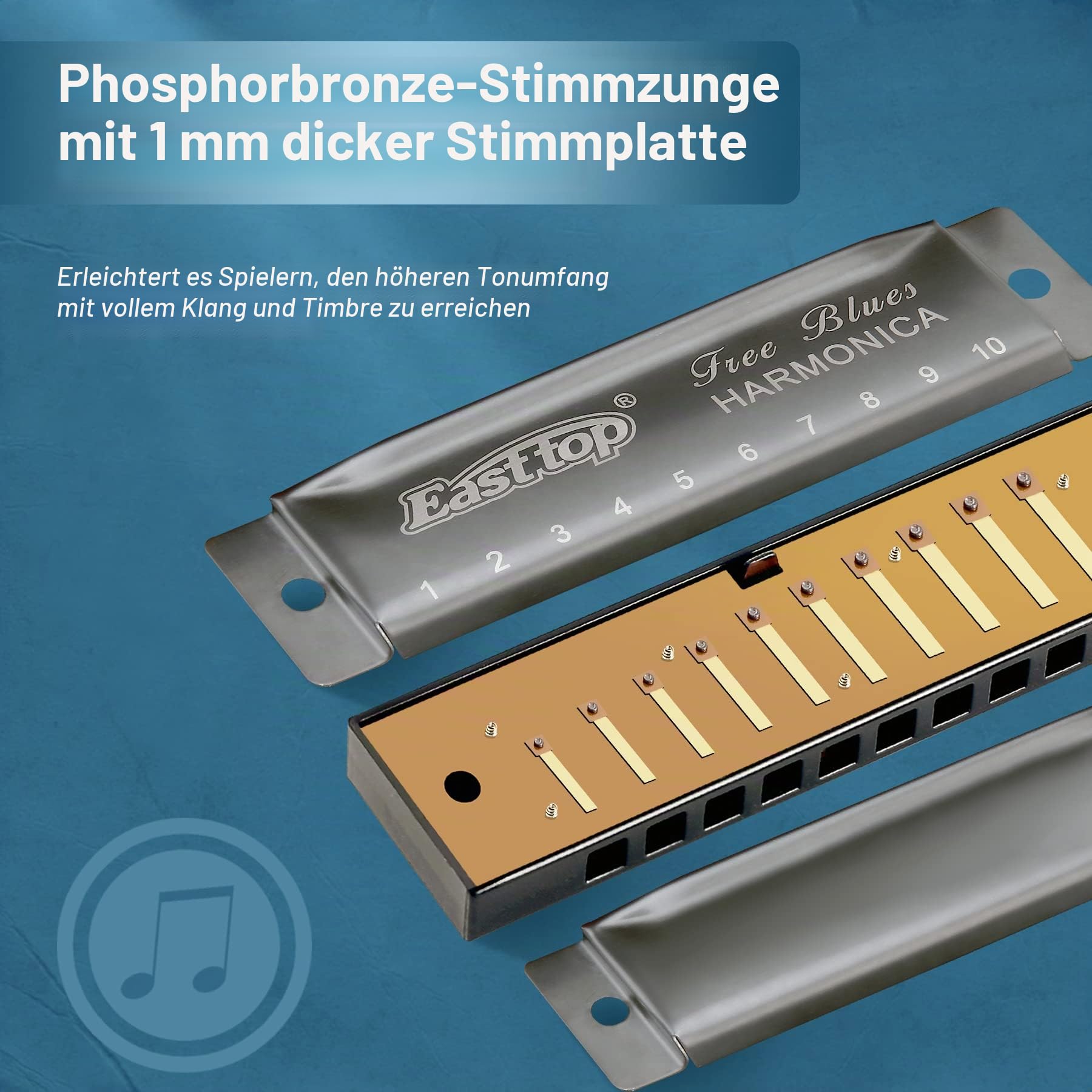 East top Mundharmonika C, Diatonische Mundharmonika Blau 10 Holes Professionelles Diatonic Blues Harmonica Für professionelle Spieler, Anfänger, Studenten, Erwachsene als Geschenk