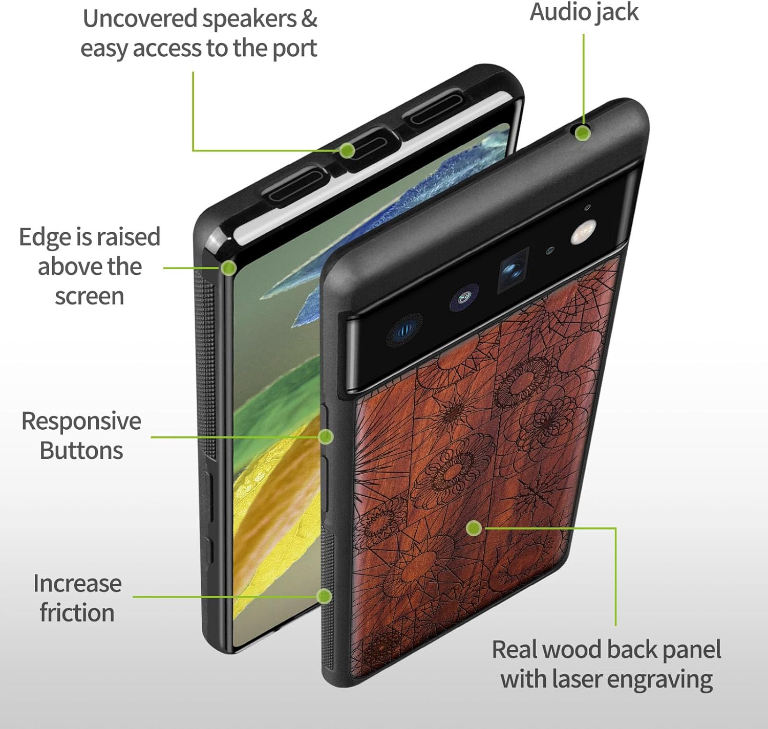 Carveit Wood Case for Pixel 6 Pro Case [Natural Wood & Black Soft TPU] Shockproof Protective Unique Wooden Cover Compatible with Google Pixel 6 Pro (The Spirograph Mandala Mosaic-Rosy)
