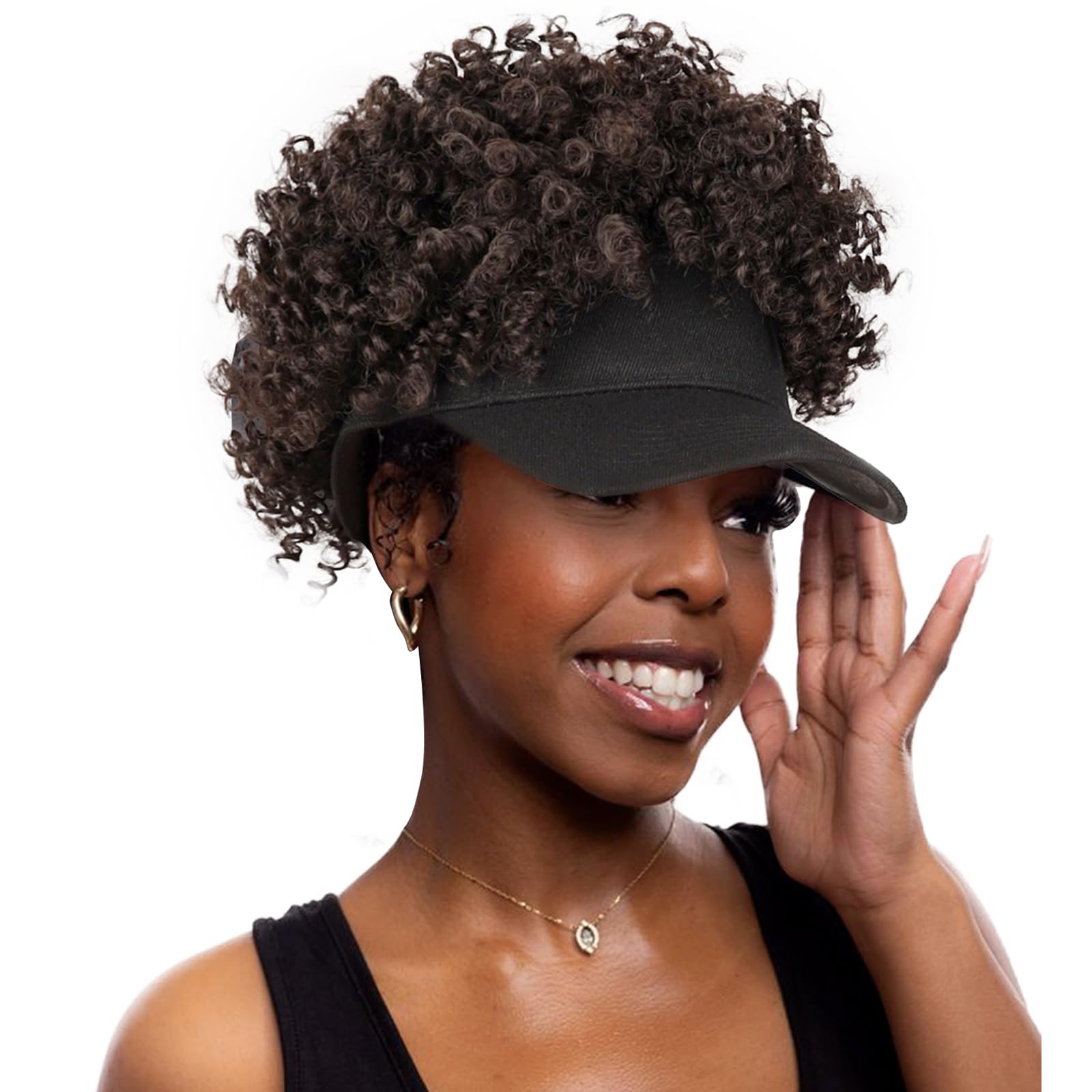 Black Baseball Cap with Synthetic Afro Puff Adjustable Fit Casual Use stylish Amazon.com: VAVANGA Black Baseball Cap with Short Afro Kinky  main image 2