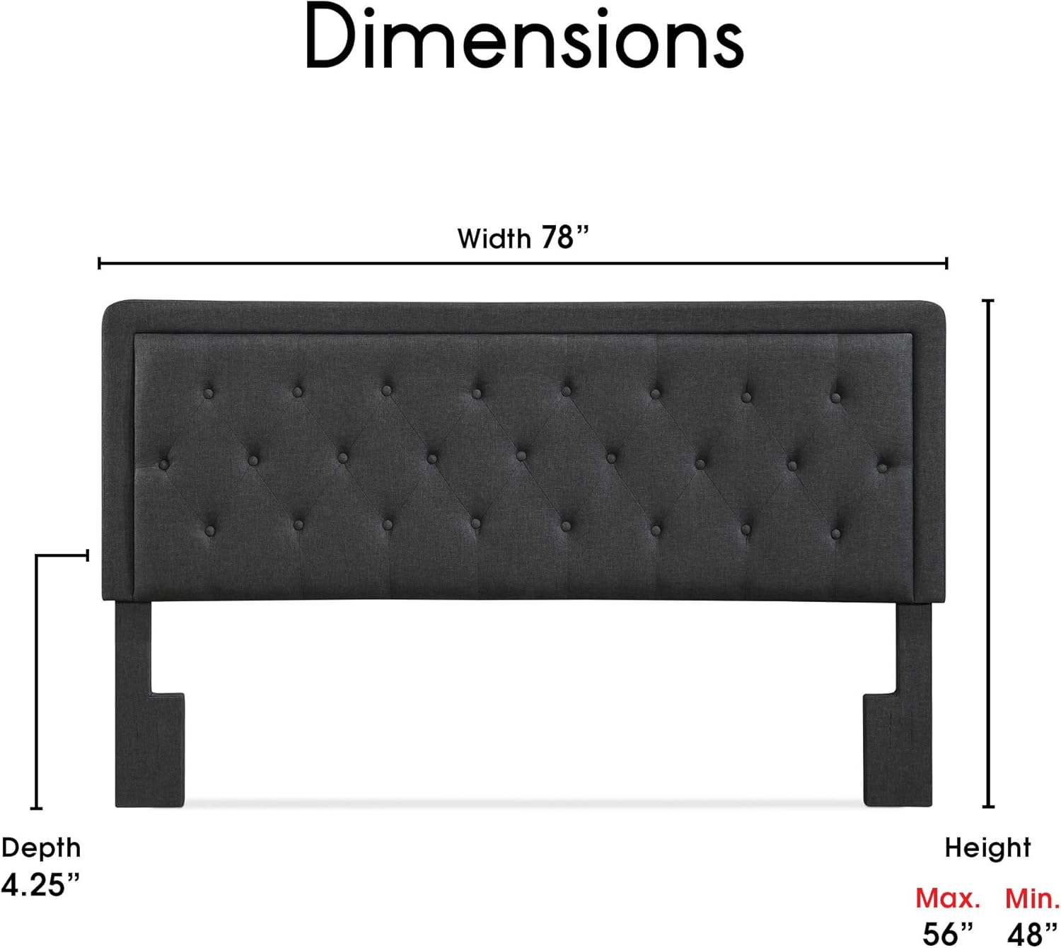 Elle Decor Amery Diamond Stitched Tufted Headboard, Soft Fabric Upholstered with Padded Button-Tufting, Adjustable Height, King Size, Charcoal Grey