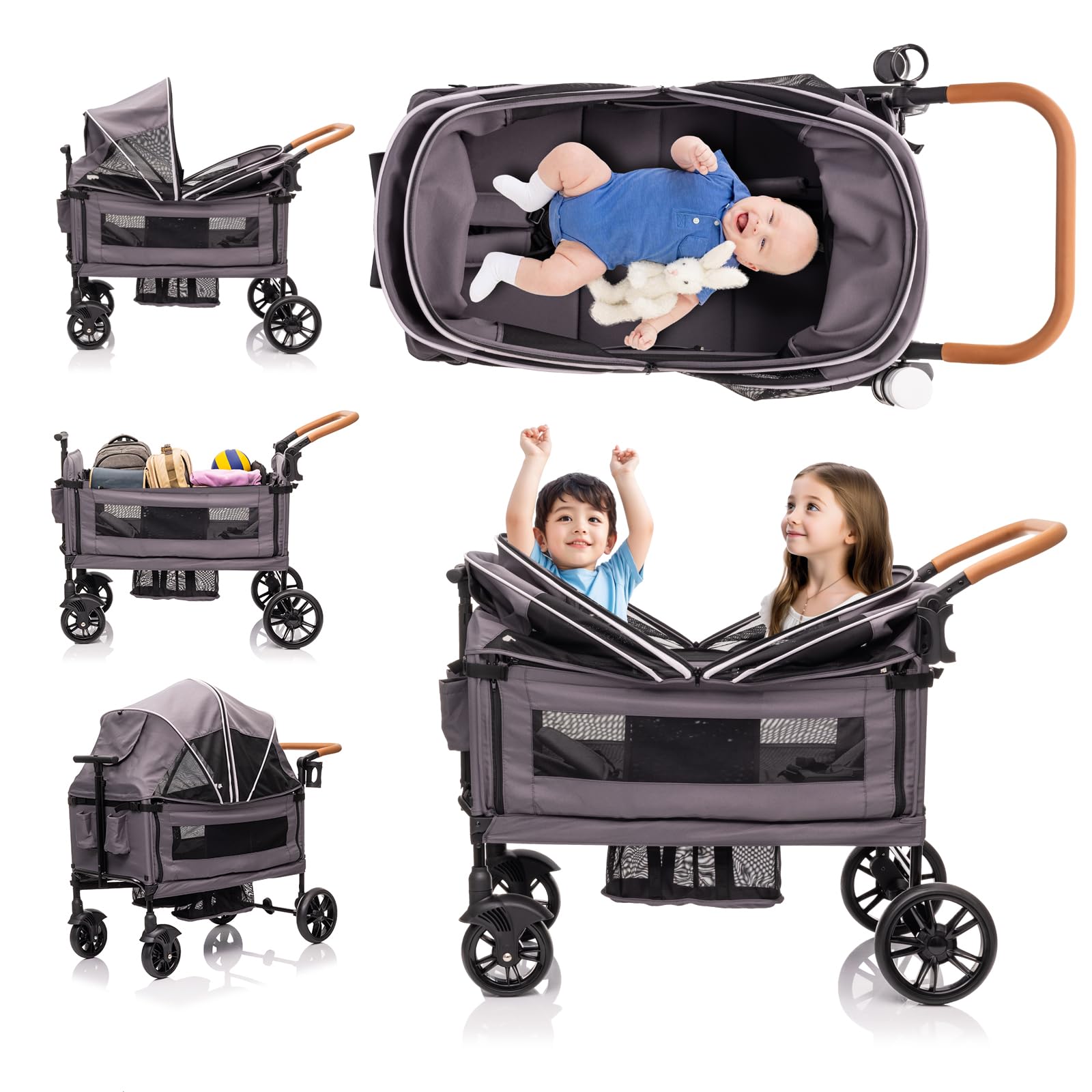 SPWVIP Stroller Wagon for 2 Kids- Lightweight Travel Folding Push Pull Baby Wagon for Newborn&Toddler with 5-Point Harness,Adjustable Canopy,Tray