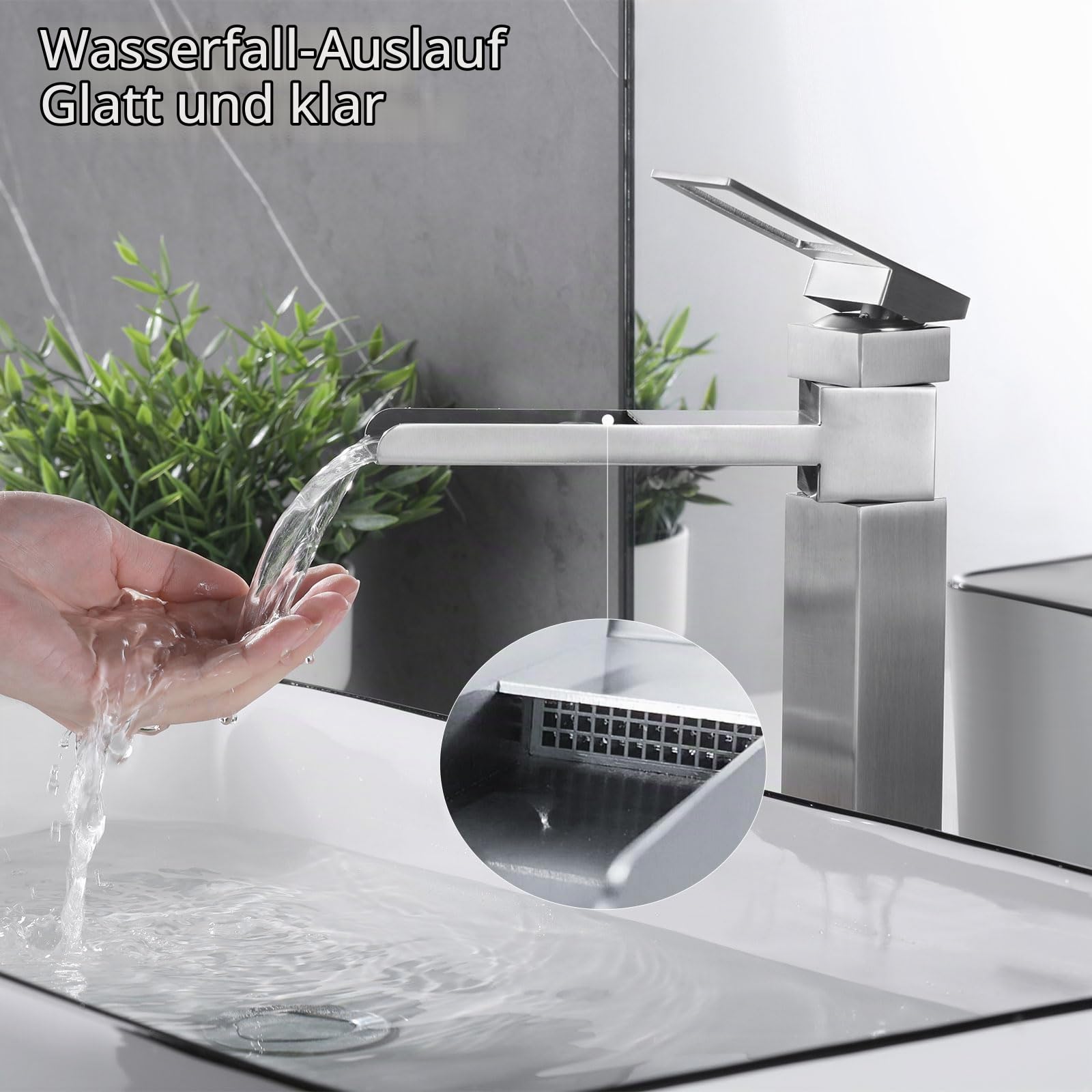 Waschtischarmatur Hoch, Wasserhahn Bad Wasserfall, 360° Schwenkbar Mischbatterie Waschtisch, Einhebelmischer für Bad, Hoch Armatur, Gebürstet, 6M2OK-T