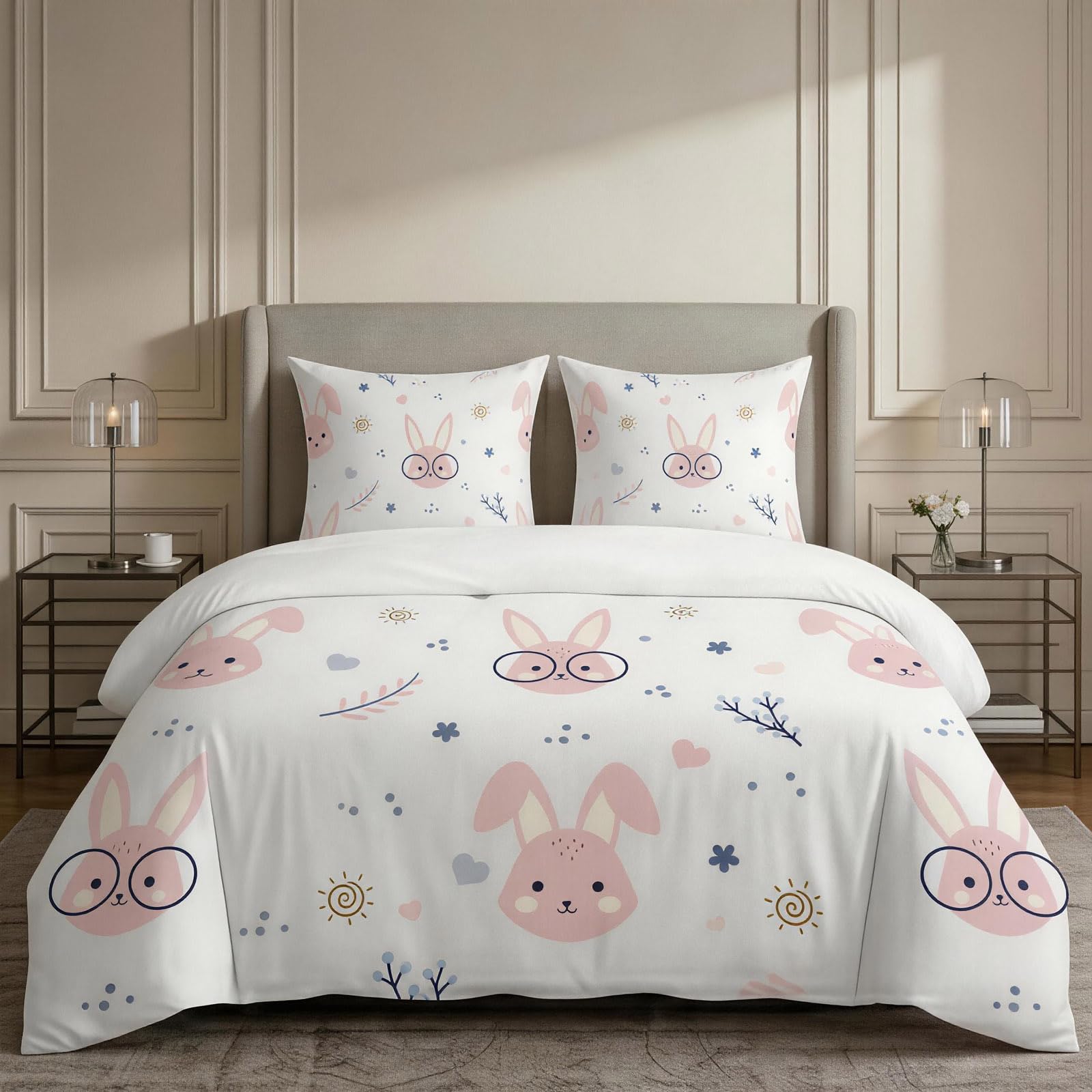 Housse de couette 90 x 190 cm parure de lit 3 pièces microfibre impression 3D lapin