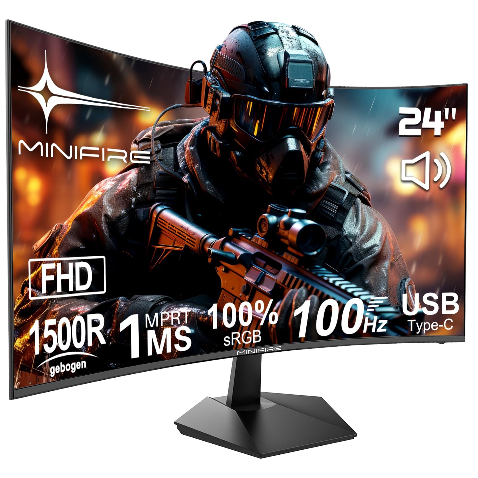 Minifire 24 Zoll Gaming Monitor, 100Hz, Curved Gaming Monitor, Lautsprecher, USB Type-C Port, 1Ms, sRGB100%, FHD 1080P Computer Bildschirm, VESA kompatibel, Eye Care Adaptive Sync HDMI Port （MF24C1 ）