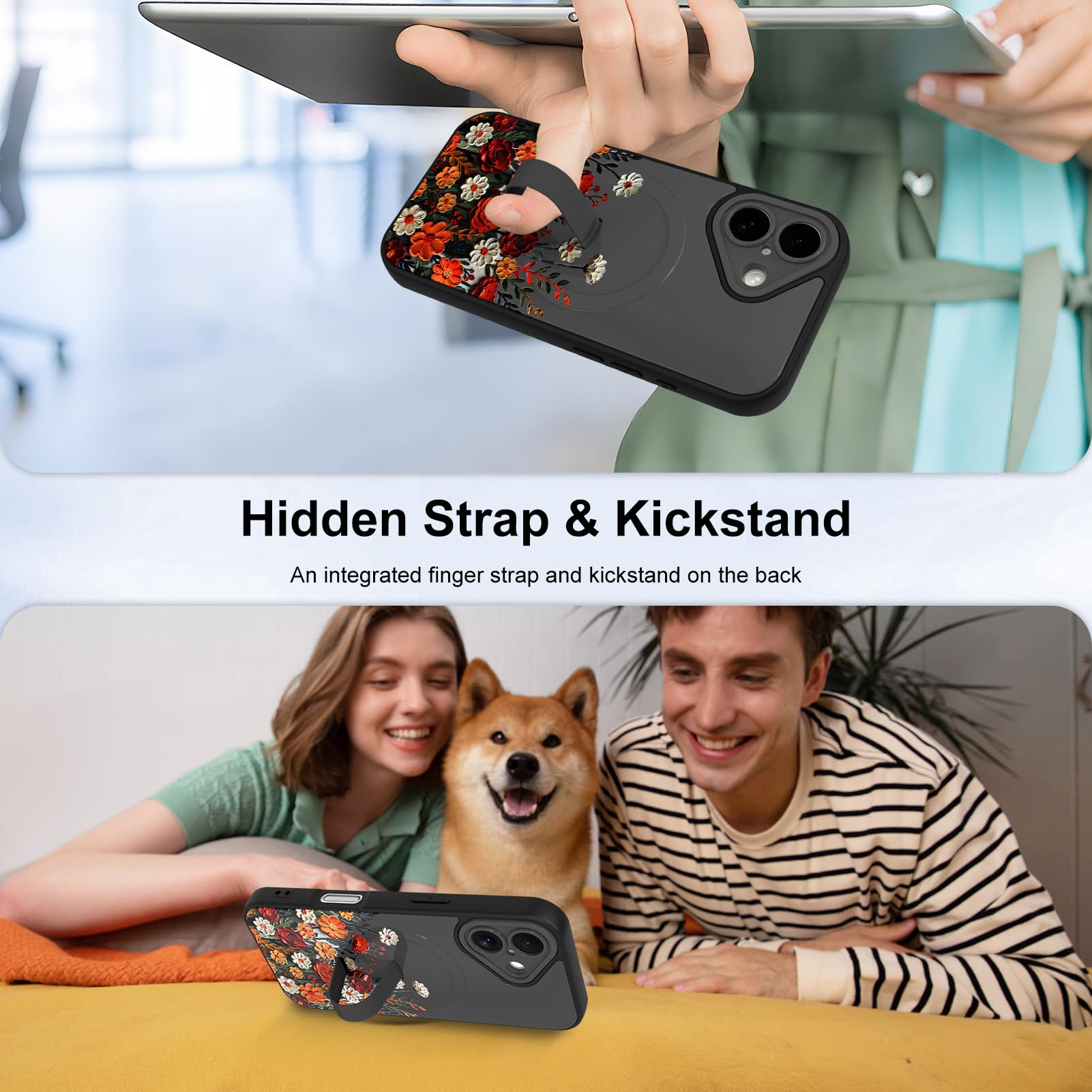 Custodia magnetica per iPhone 16 con cavalletto per cinturino, compatibile con MagSafe, grazioso motivo floreale per donne e ragazze, protezione completa della fotocamera, estetica antiurto
