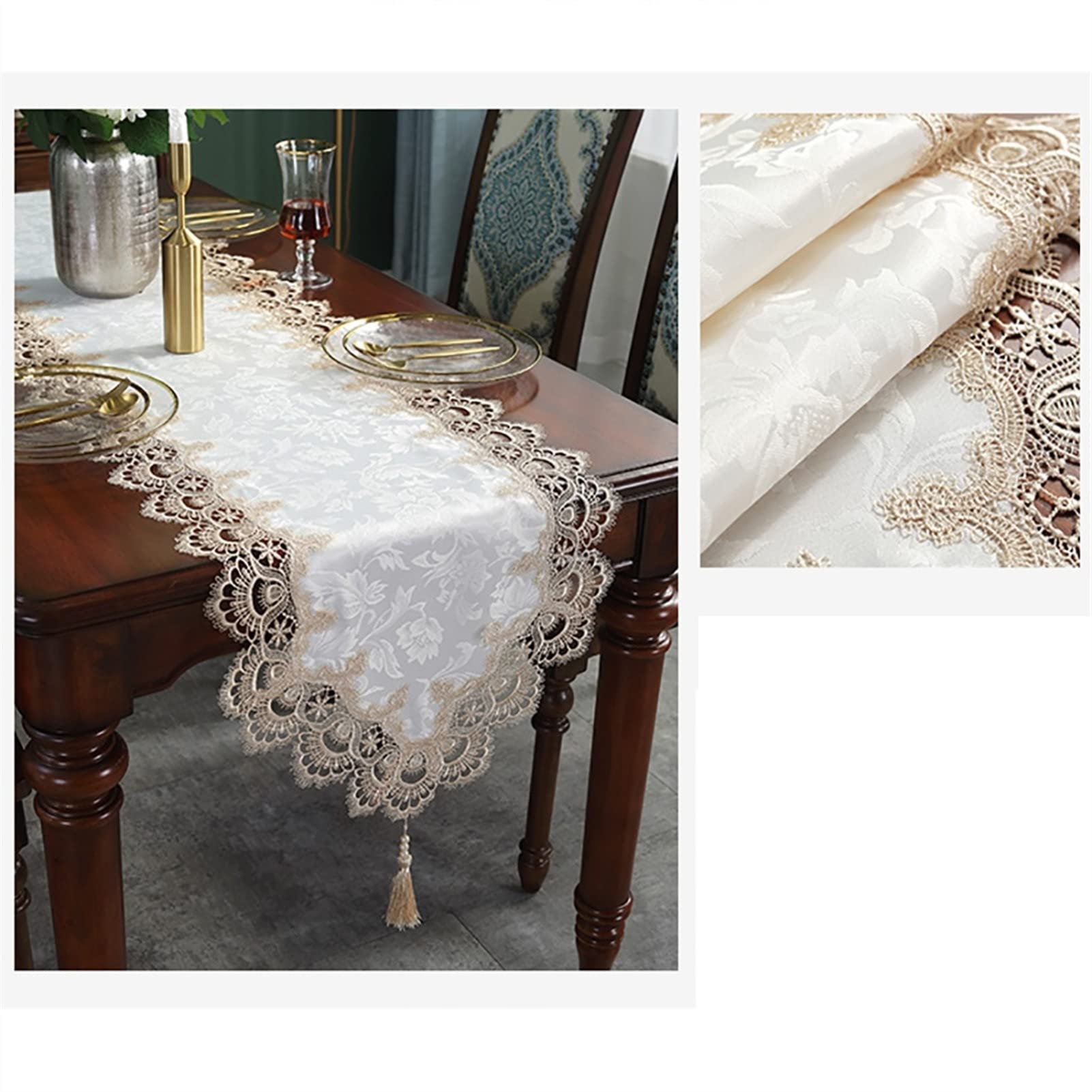 Chemins de Table, Fine Vintage Dentelle Blanc Simple rectangulaire avec Gland Table Basse Tissu Cuisine Maison hôtel Nappe Moderne Mode Coureurs(45 * 220cm)