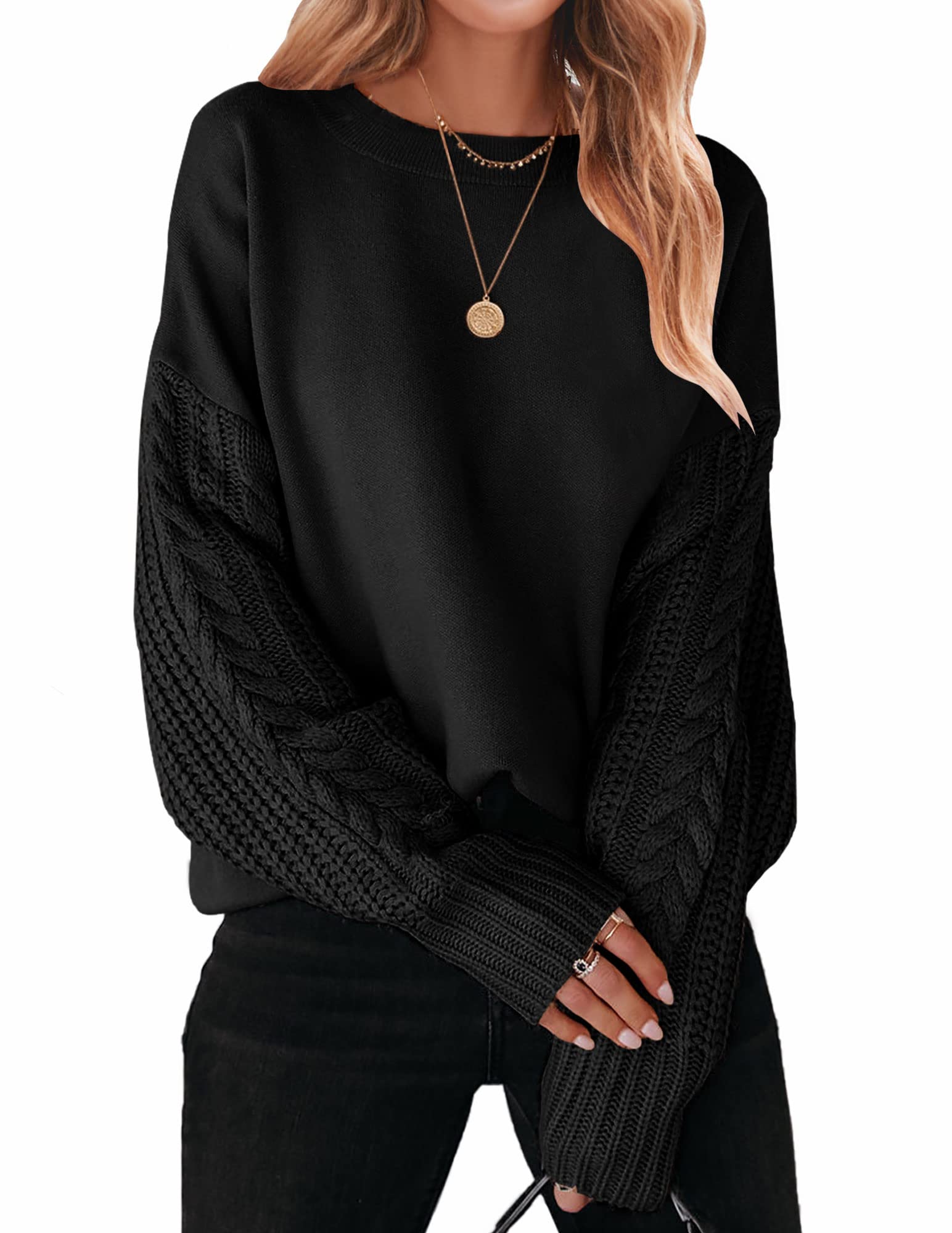 ZESICAWomen's Fall Long Sleeve Crew Neck Solid Color Cable Knit Chunky Casual Oversized Pullover Sweater Tops