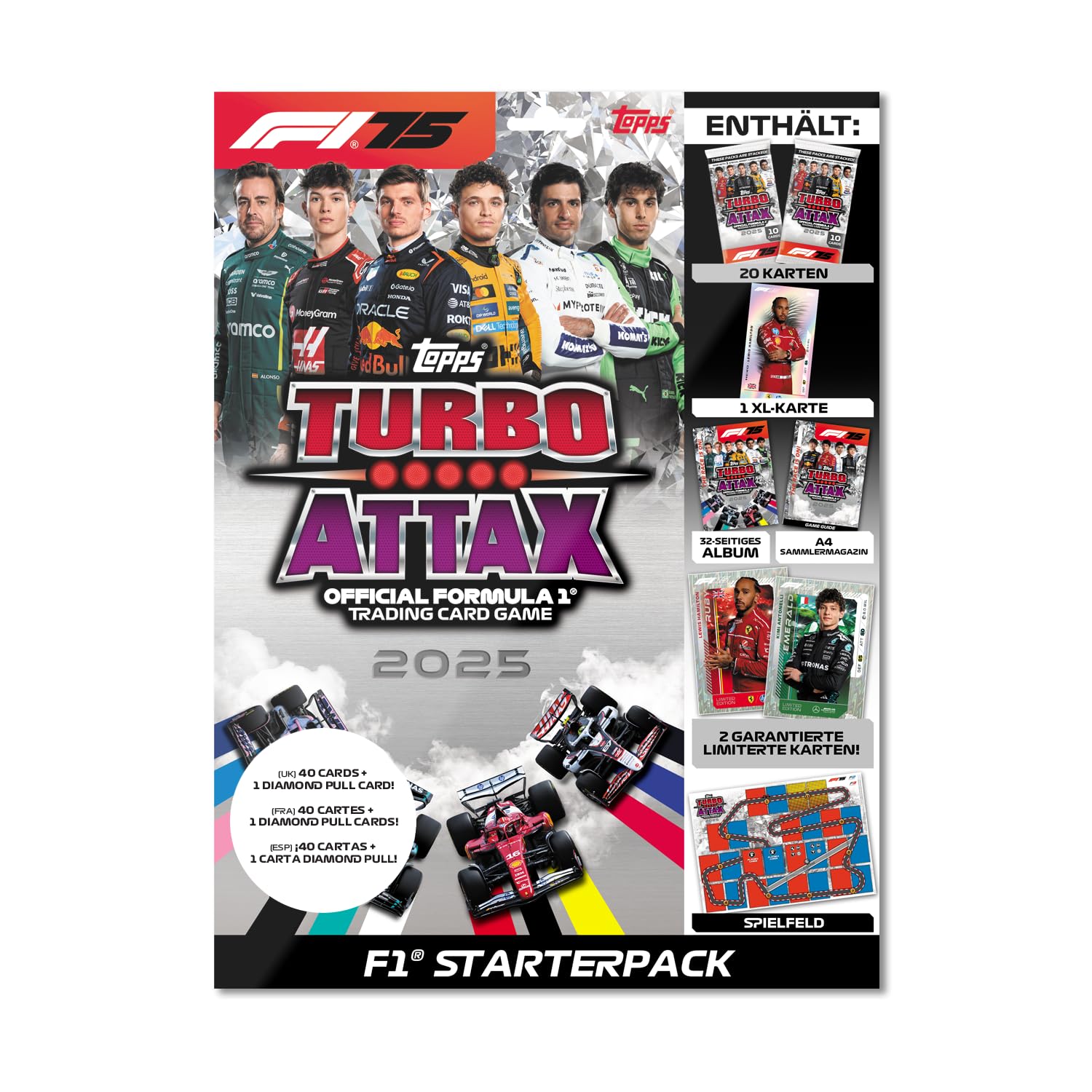 Topps Turbo Attax Formula 1 2025 - Starterpack (Online-Exklusiv) – 40 Turbo Attax Karten Plus eine garantierte Diamond Pull Karte und 2 Limited Edition Karten.