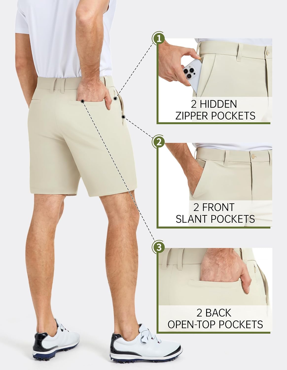 PULI Men's Golf Shorts 7 Inch Inseam Quick Dry Waterproof Lightweight Stretch Waist with Grip Dress Shorts with Zipper Pocket - Image 4
