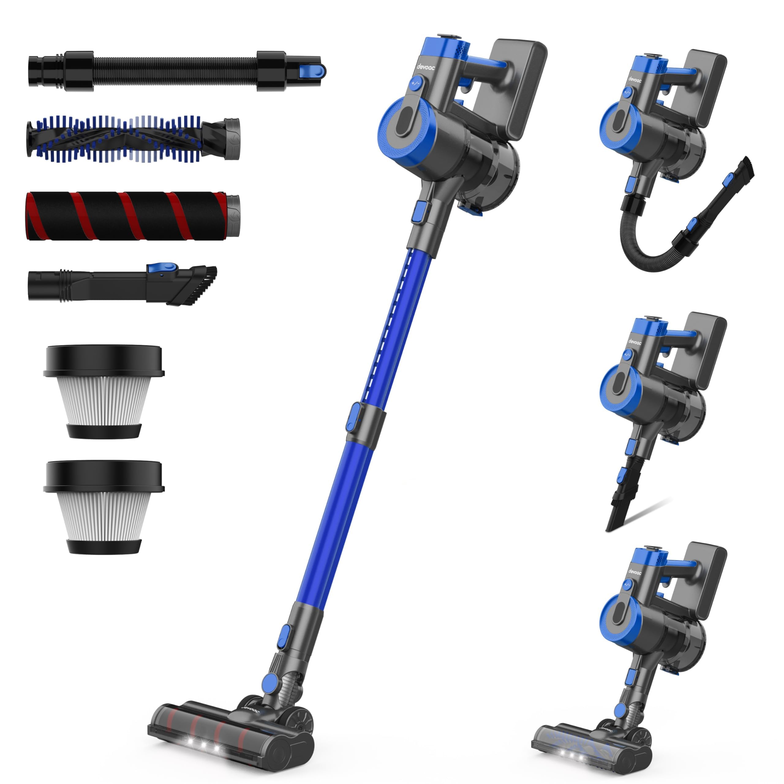 DEVOAC V90 Cordless Vacuum Cleaner, 28KPa Powerful Suction, Up to 45mins Runtime, 60dB Ultra Quiet, 6 in 1 Cordless Stick Vacuum Cleaner for Hard Floor, Carpet, Pet Hair(Blue)