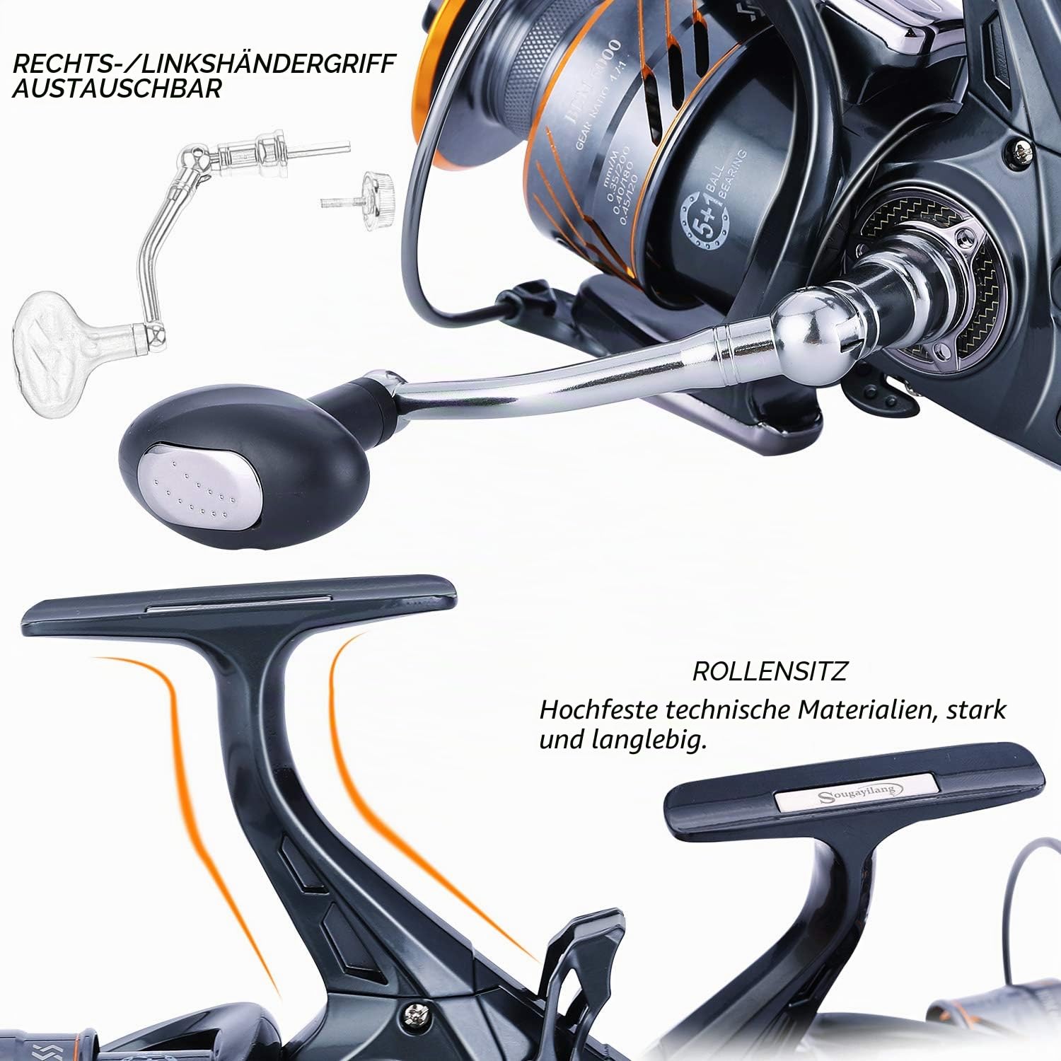 Sougayilang Karpfen Angelrolle 5 + 1 Abgeschirmt Edelstahl BB-Carbon Fiber Drag Freilaufrolle Karpfenrolle für Salzwasser oder Süßwasser Spinnen Angelrolle