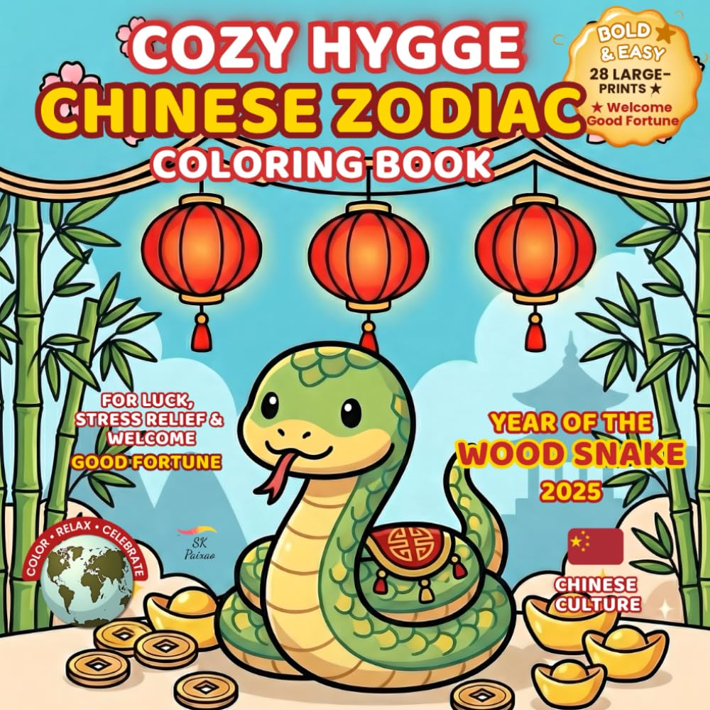 Cozy Hygge Chinese Zodiac Coloring Book: Wood Serpent 2025 • For Luck, Stress Relief & Welcome Good Fortune (Festivals of the World – Cultural Traditions to Color & Celebrate)