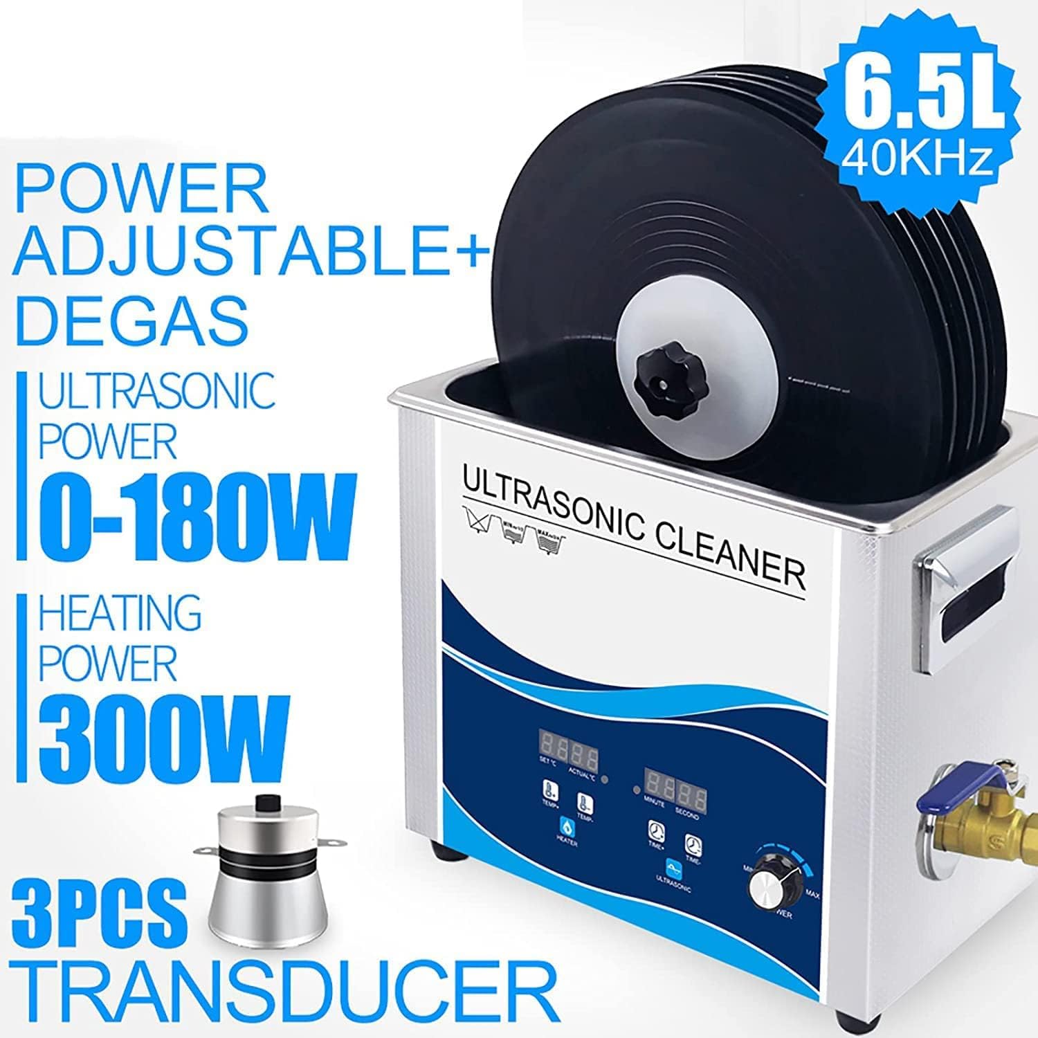 Pulitore a ultrasuoni per Dischi in Vinile, Album LP, Lavatrice a ultrasuoni Digitale Degas da 6,5 l e 180 W con Supporto sollevabile, Pulizia di 1-7 Dischi in Vinile