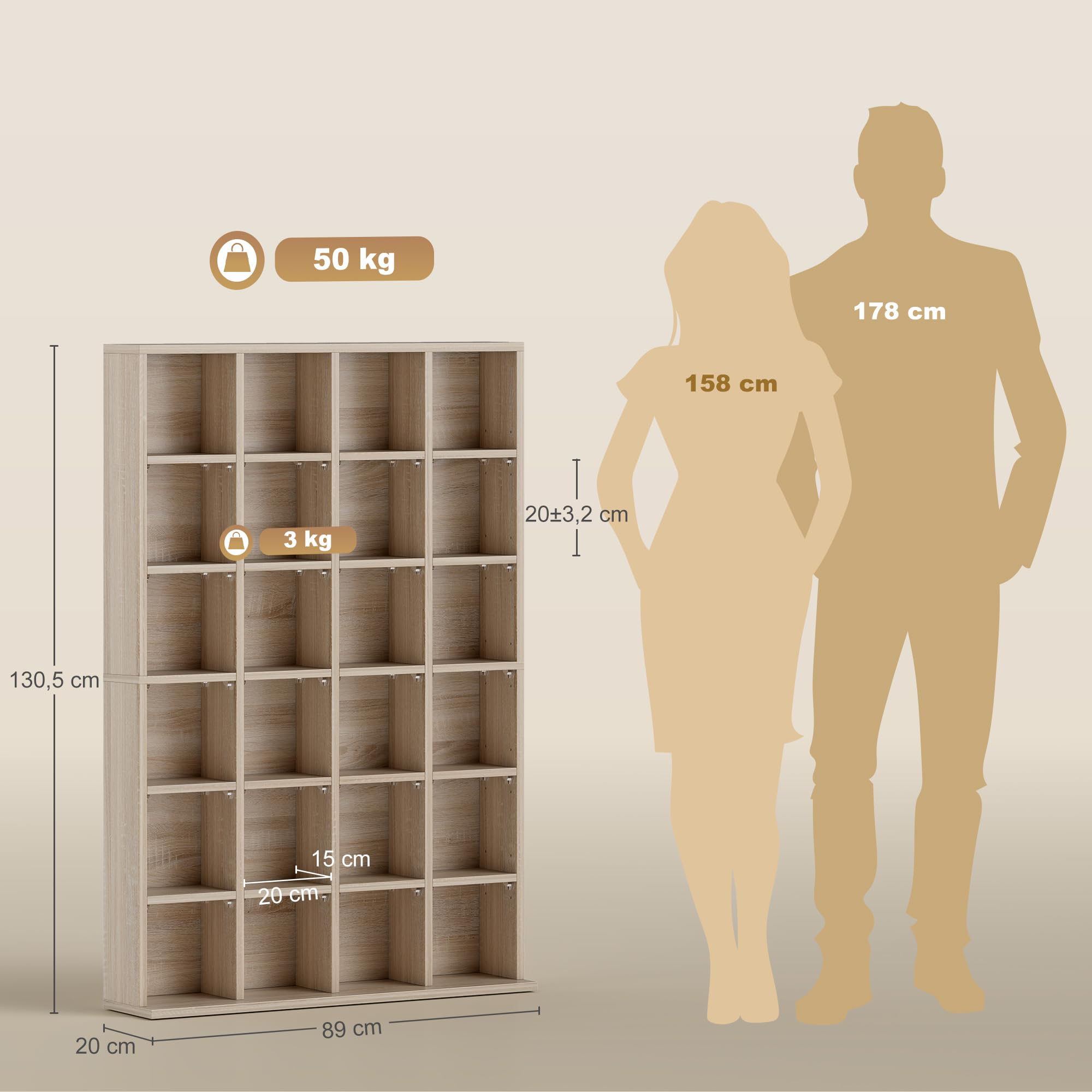 HOMCOM Rangements pour CD et DVD, Meuble de Rangement multimédia en Bois avec 24 Compartiments, étagères Ajustables, capacité jusqu'à 456 CD/336 DVD, bibliothèque, 89 x 20 x 130,5 cm, Bois Naturel