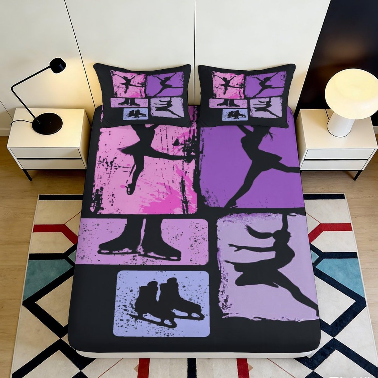 3D Printed Ice Skating Fitted Sheet Microfiber Deep Pocket Non-Slip Bedding Set Ice Skating Mattress Fitted Cover for Bedroom Adults Teens 200x200x25cm 90x200x25cm