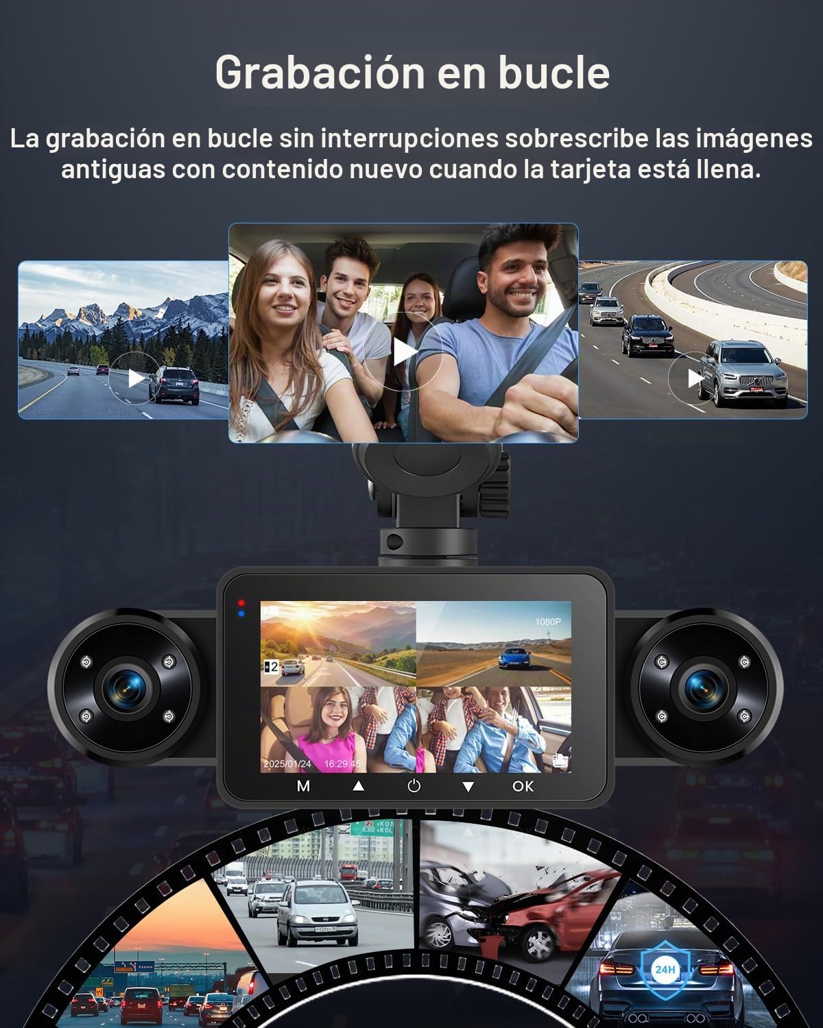 NHOPEEW Dash CAM de 4 Canales con Pantalla táctil IPS de 3 Pulgadas Frontal y Trasera con 8 Luces IR de visión Nocturna, grabación en Bucle, grabación de 24 Horas, Sensor G + Tarjeta TF de 64 G