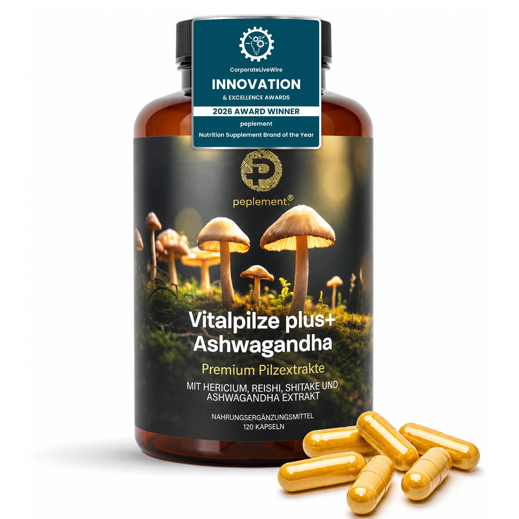 Vitalpilz plus+ Ashwagandha Kapseln | Mushroom Complex – 120 Kapseln – Lions Mane (Hericium), Reishi, Shiitake & Ashwagandha Extrakt – 30–50% Polysaccharide, 2,5% Withanolide – Vegan
