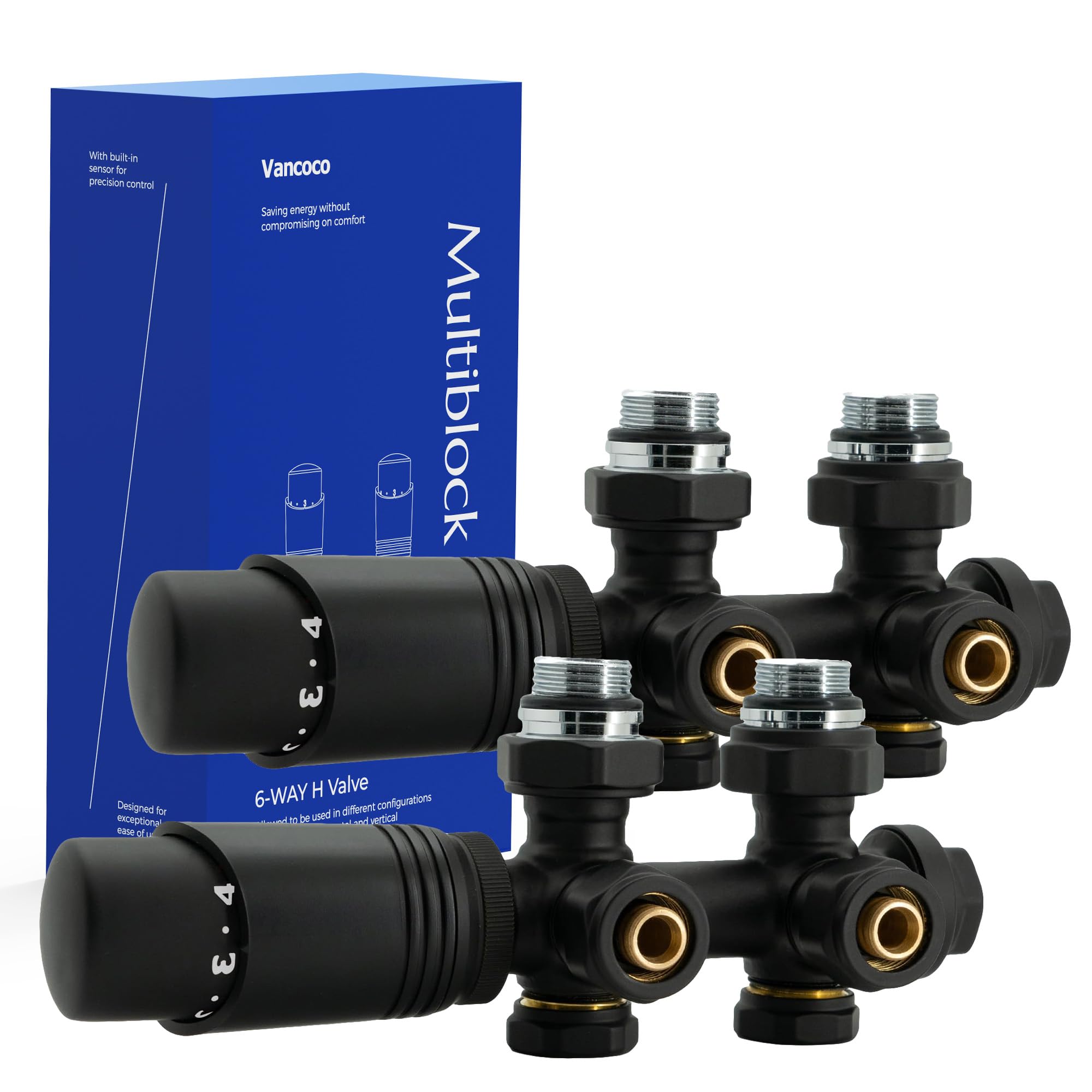 VANCOCO 1/2" Eck Vollweiß Thermostatventil + Rücklaufventil