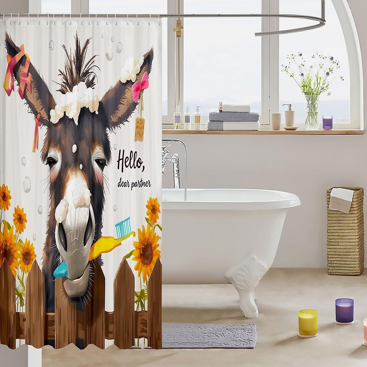 Feelyou Cute Donkey Shower Curtain 72"x78" Kids Sunflower Floral Bathroom Shower Curtain Set for Boys Girls Teens Western Decor Bath Curtain Farmhouse Animal Bathroom Accessories