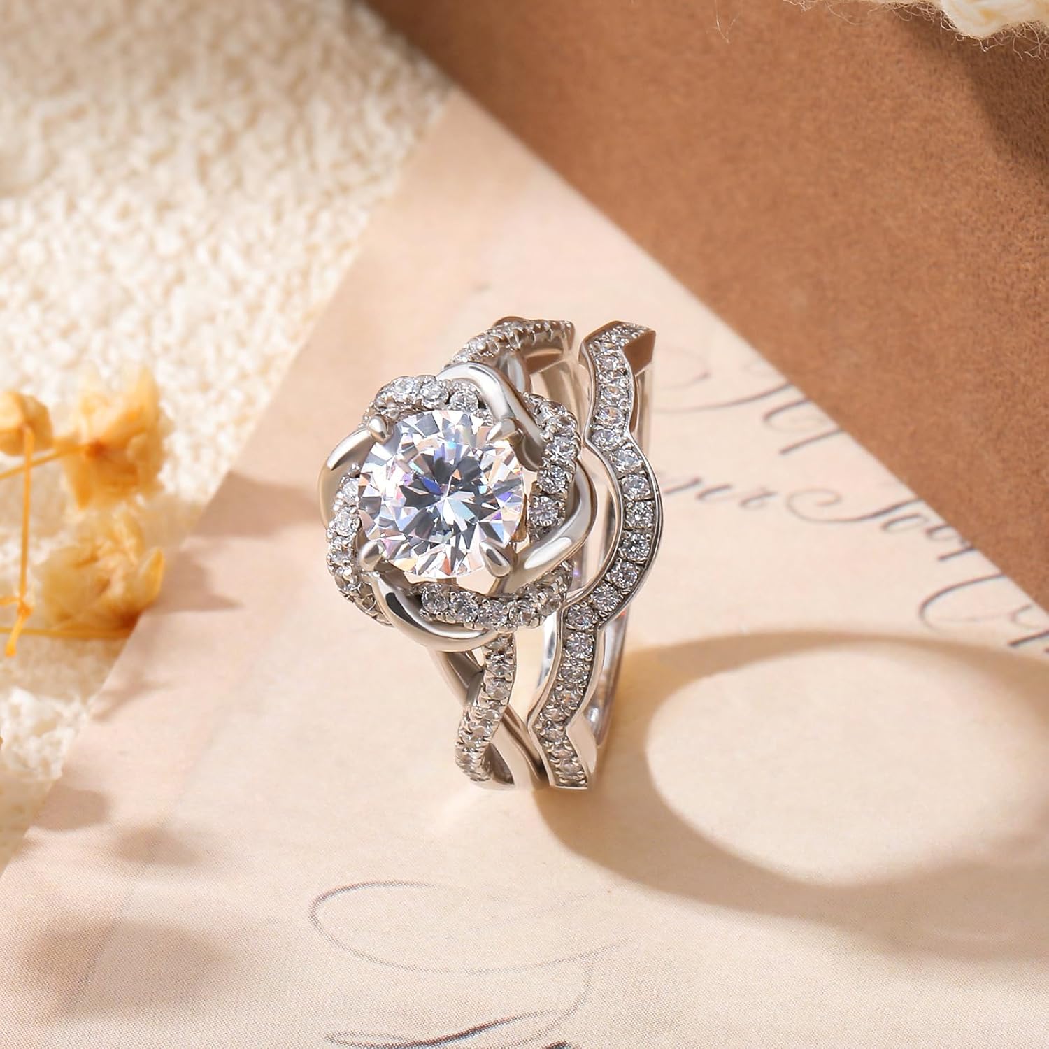 Jeulia Halo Solitaire Engagement Rings for Women Sterling Silver Floral Flower Rings Rose Gold Plated Diamond Ring Round Cut Bridal Ring Set Anniversary Promise Rings for Her - Image 3