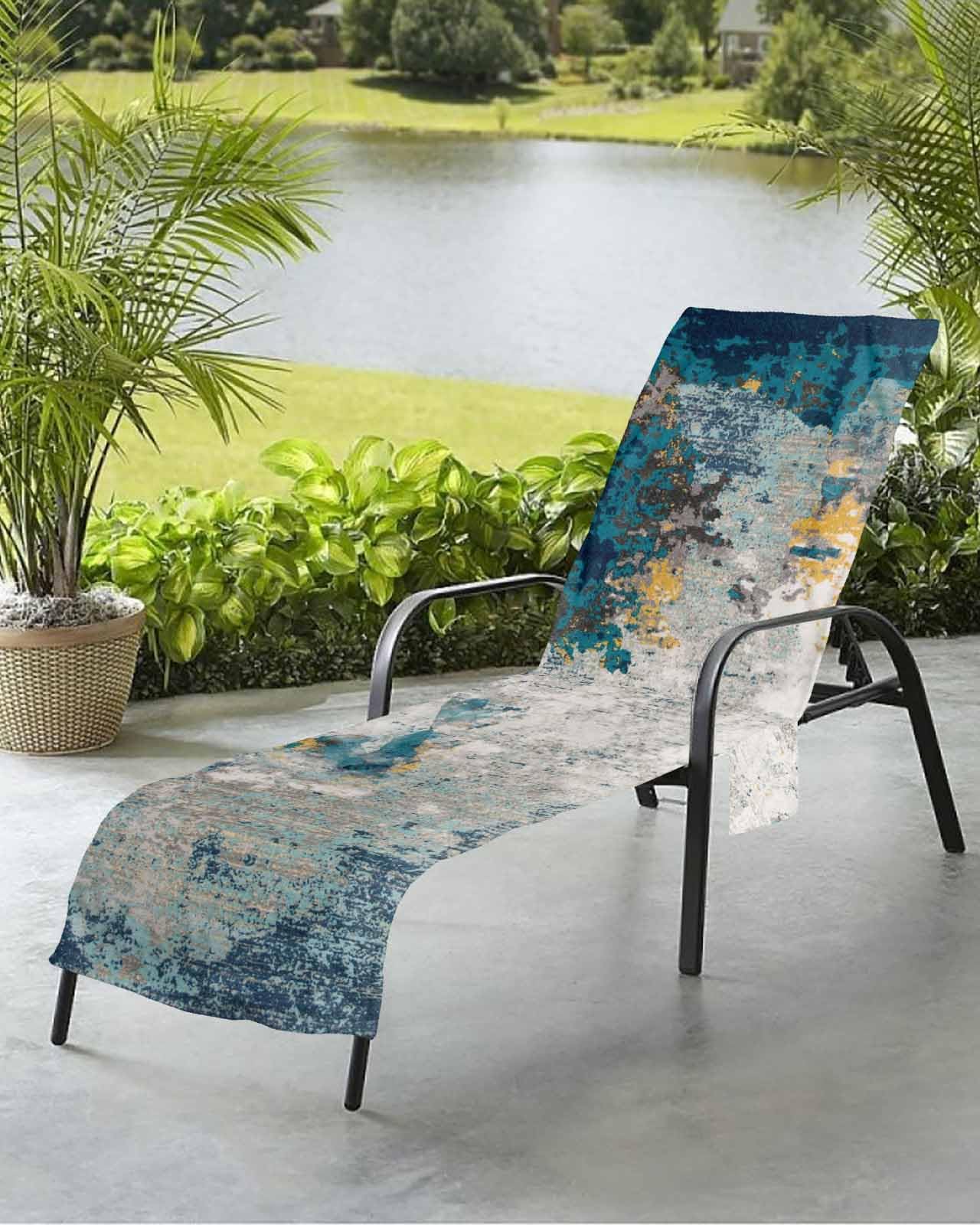 Abstract Blue Beach Chair Towel Covers for Chaise Lounge with Side Pocket, Soft Plush Pool Towels Cover for Patio Sunbathing Outdoor 29''x85'' Modern Shabby Chic Orange Street Art