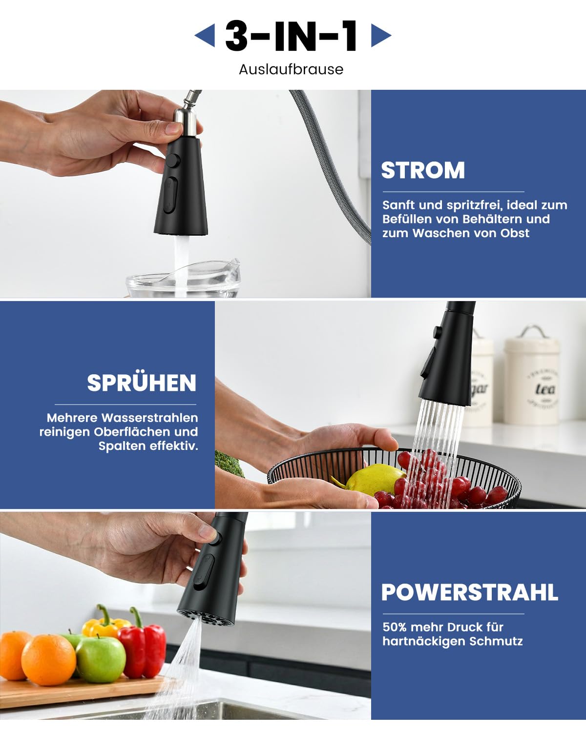 DAYONE Niederdruck Armatur Küche Schwarz, Küchenarmatur Ausziehbar mit 3 Strahlarten, Edelstahl Mischbatterie mit 3 Anschlüssen, 360° Drehbare Wasserhahn Küche, Niederdruck Spültischarmatur für Boiler