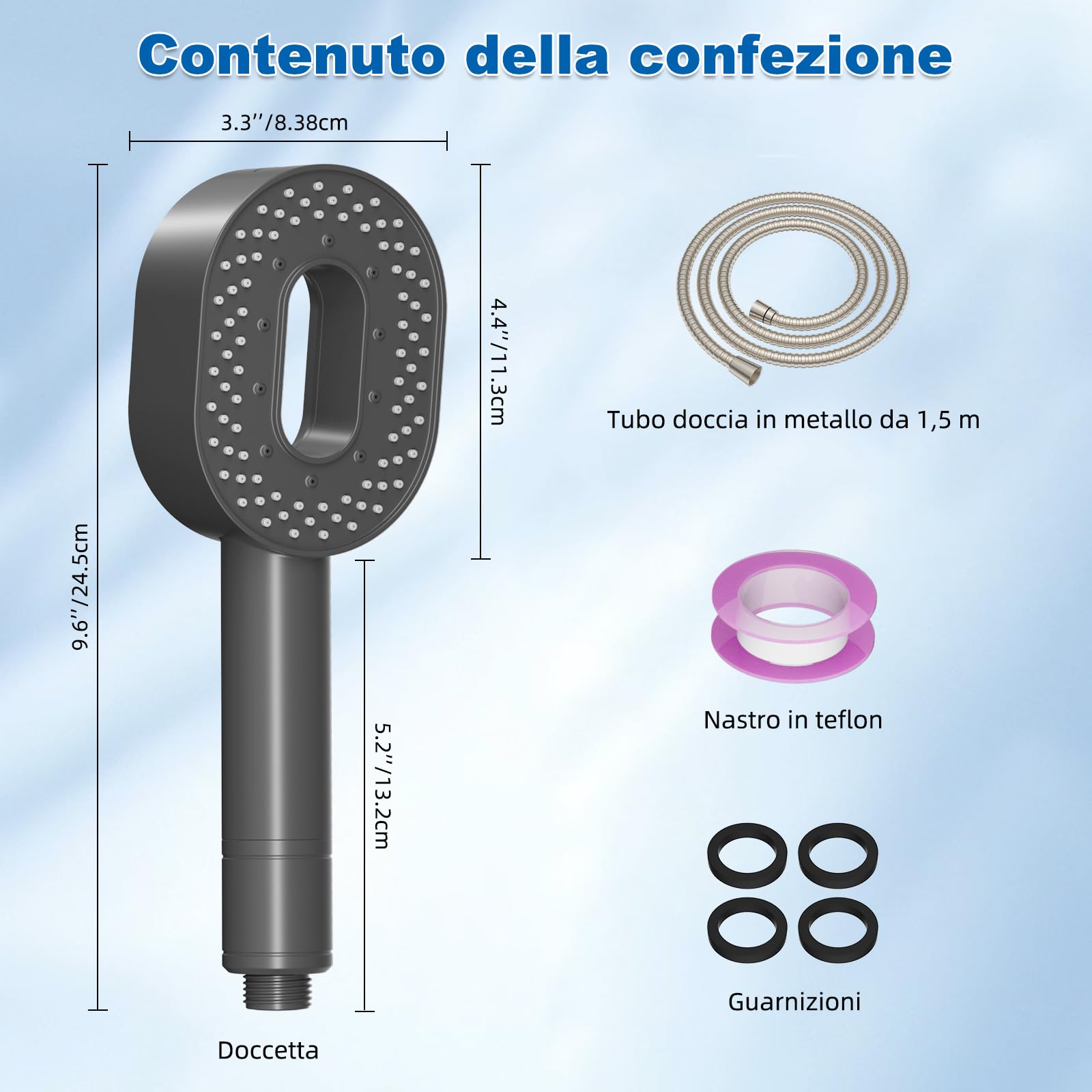 Hibbent Soffione doccia con tubo da 1,5 m e filtro a 20 livelli, soffione doccia ad alta pressione con funzione di arresto per acqua dura, 5 tipi di getto, doccetta contro calcare e cloro – grigio