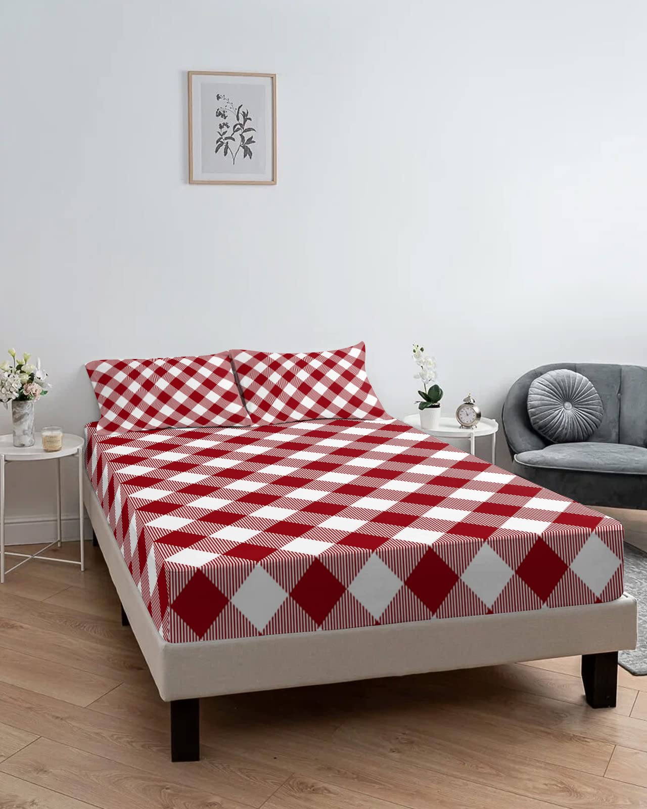 LIBATC Red Plaid Bed Sheets - Short Queen Size Camping Sleeping Sheet - View #12