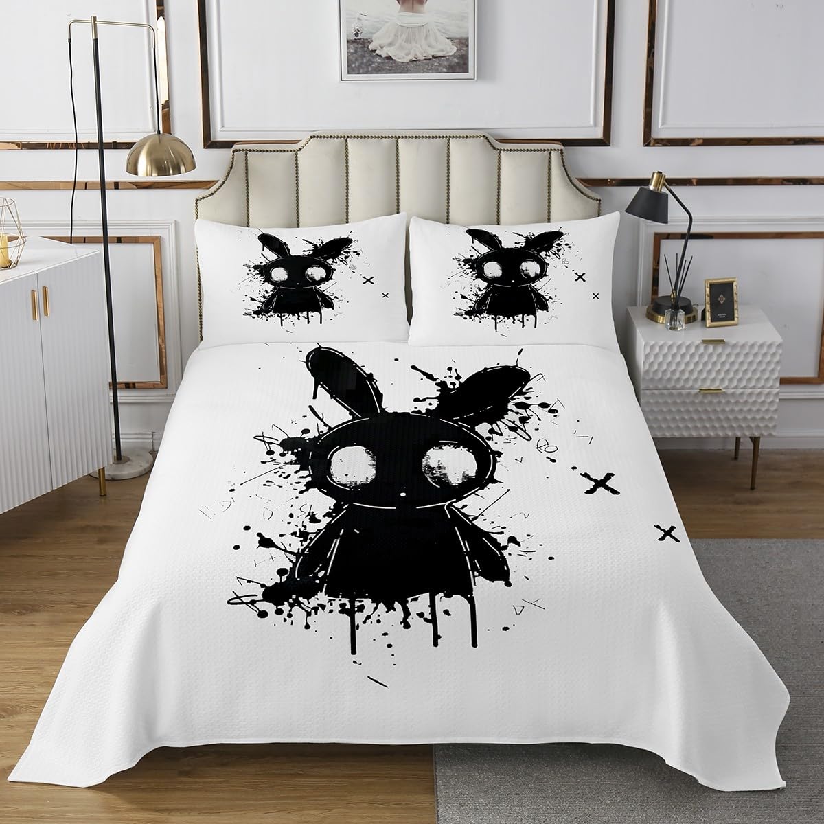 jejeloiu White Black Bedspread Twin Size Kids Bunny Rabbit Coverlet Set for Boys Girls Teens Gothic Horror Quilted Coverlet Breathable Japanese Style Bedroom Decor