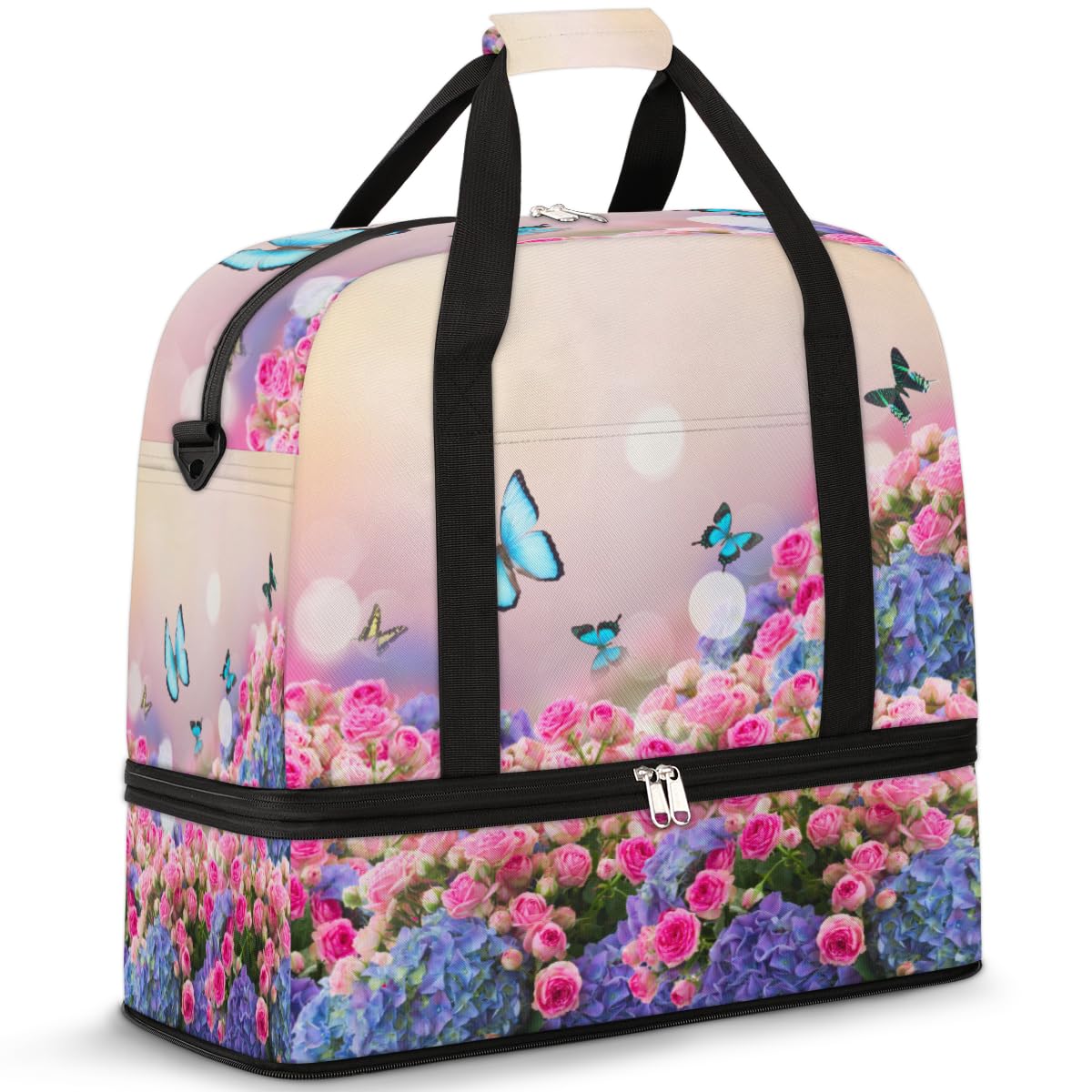 Bolsa de viaje plegable con diseño de rosas, flores, mariposas, 47 l, bolsa de fin de semana con funda para carrito de transporte, bolsa de hombro separada para deportes, gimnasio, viajes, multicolor,