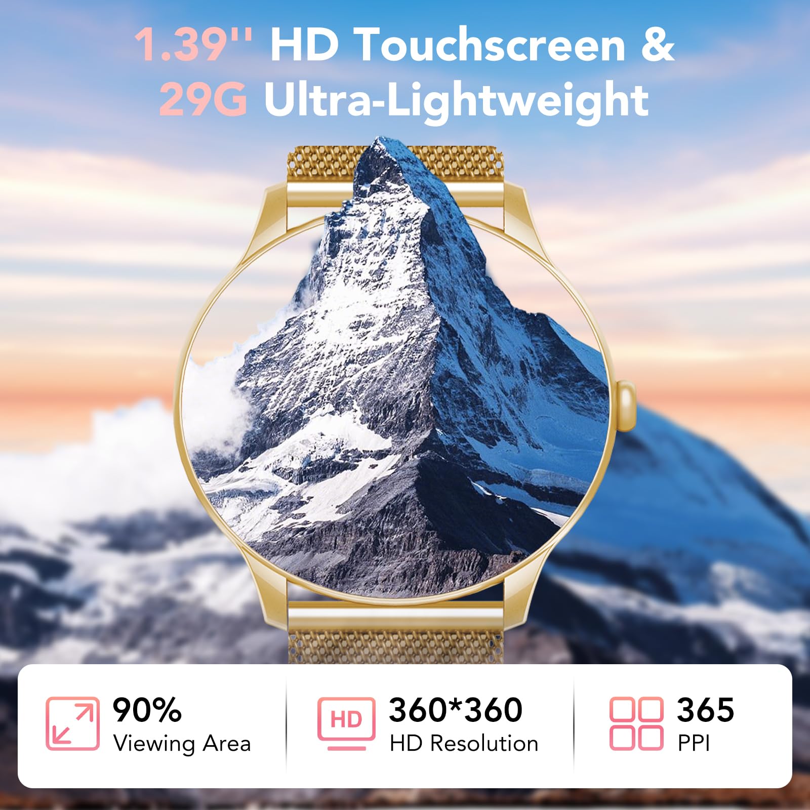 taopodo Orologio Smartwatch Donna, 1,39'' Schermo Rotondo HD, Chiamate Bluetooth, Orologio Fitness Donna con Frequenza Cardiaca/SpO2/Sonno, 120+ Modalità Sportive, IP68 Impermeabile (oro)