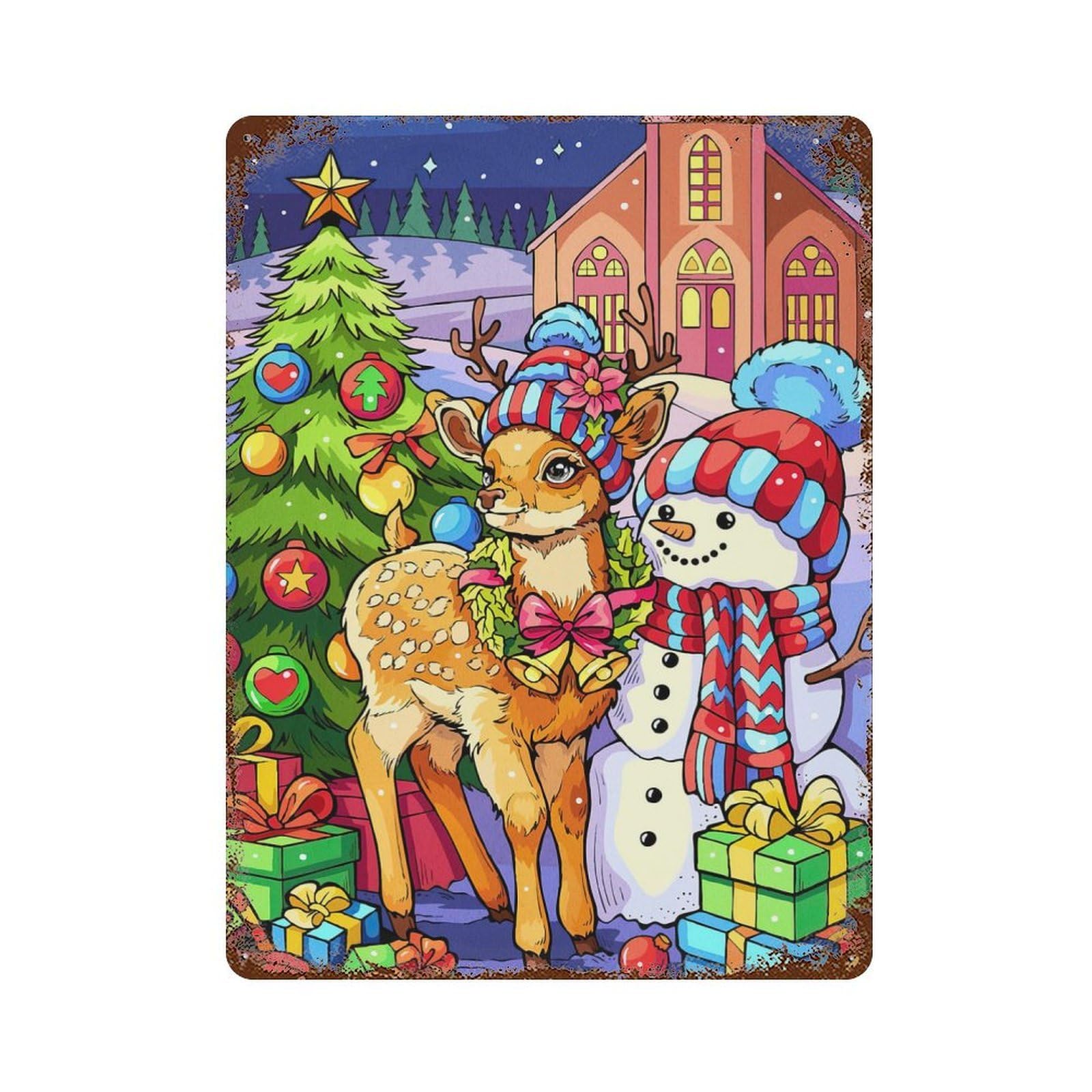 Christmas Deer Snowman Rust Effect Tin Sign 15.7"x11.8", for Bistro, Counter And Cafe Decor, Decorative Metal Wall Art