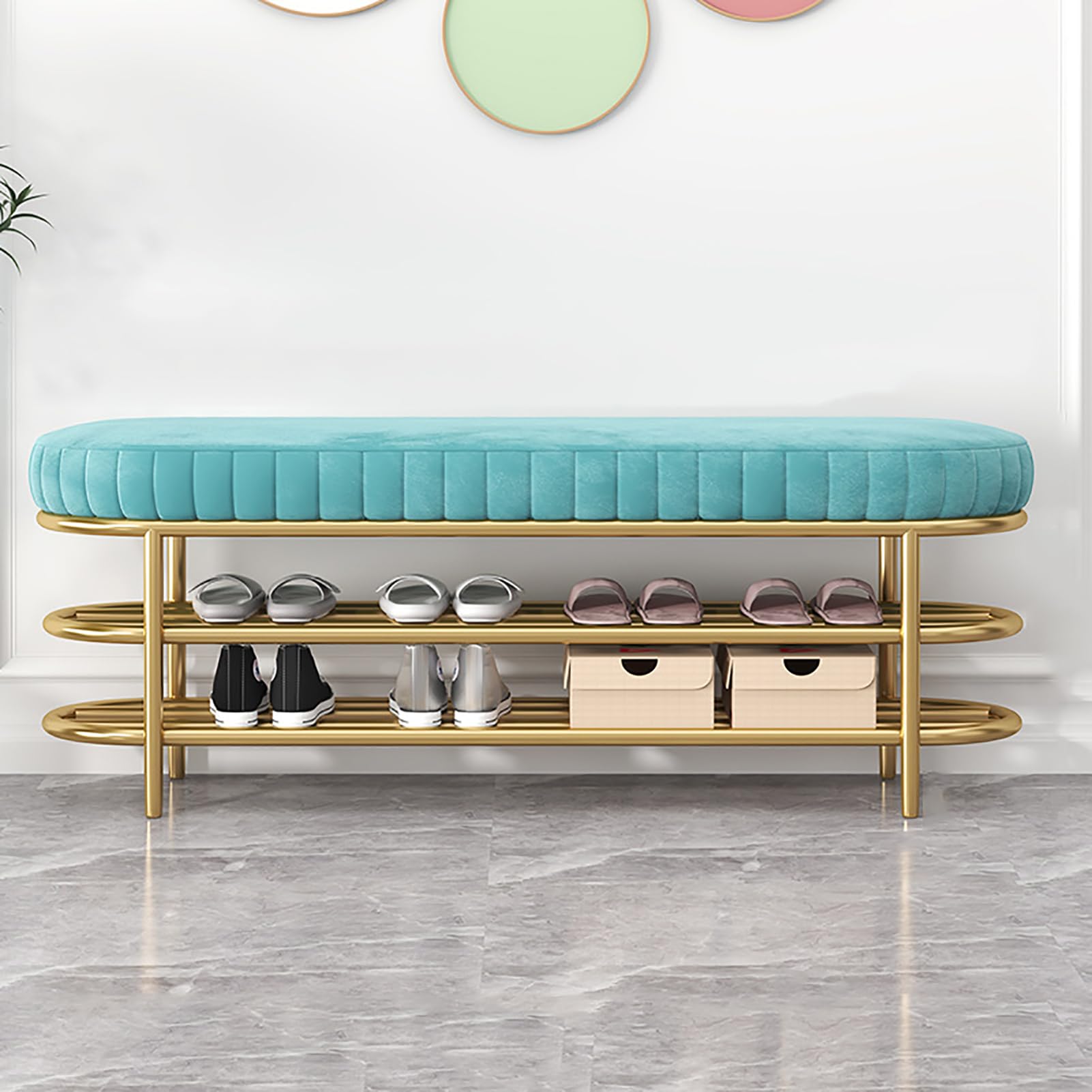 Banc de lit capitonné haut de gamme avec base en métal et double étagère de rangement