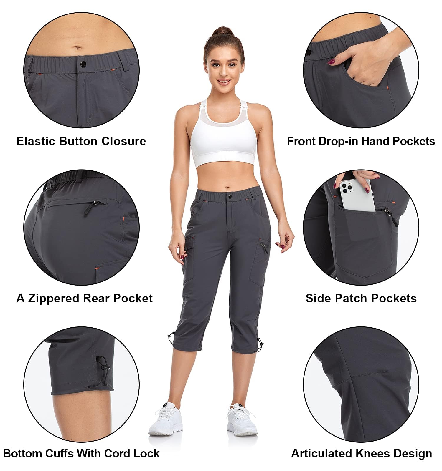 GymBrave Pantalones Trekking Mujer Verano 3/4 Pantalon Cargo Pirata Secado Rápido con Cremallera Bolsillos para Outdoor Acampada