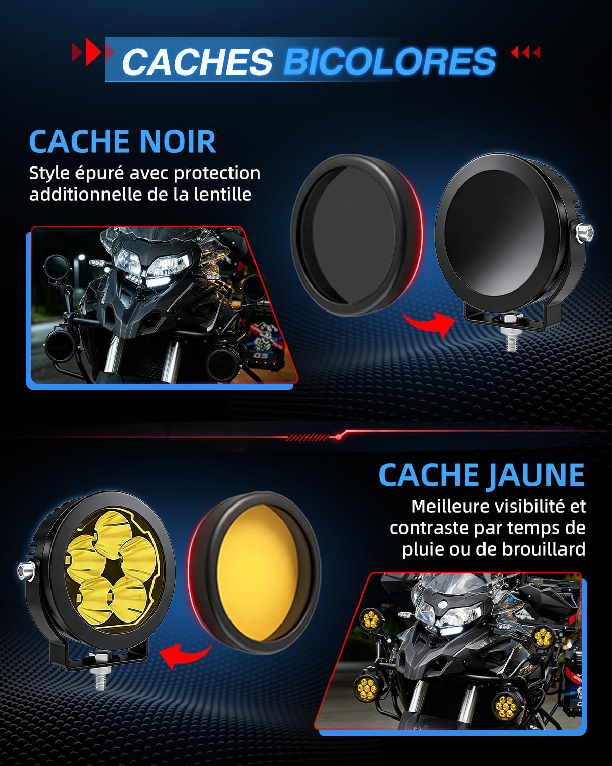 BraveWAY Phares Additionnels Moto 3,7 Pouces 70W 16000LM DRL Ambré Fonction Stroboscopique Faisceau Combin Caches Jaunes/Noirs Supports en U et Tubulaire Harnais de Câbles