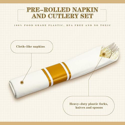 Miniatura 3 de Zubebe Juego de 100 cubiertos enrollados preenrollados, desechables, de plástico, incluye tenedores, cuchillos, cucharas, servilletas envueltas para