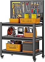 Jaqiumn Heavy Duty Workbench with Pegboard, Adjustable Shelves, Mobile 3000 lbs Garage Workstation 47.2x33.5x18 Black