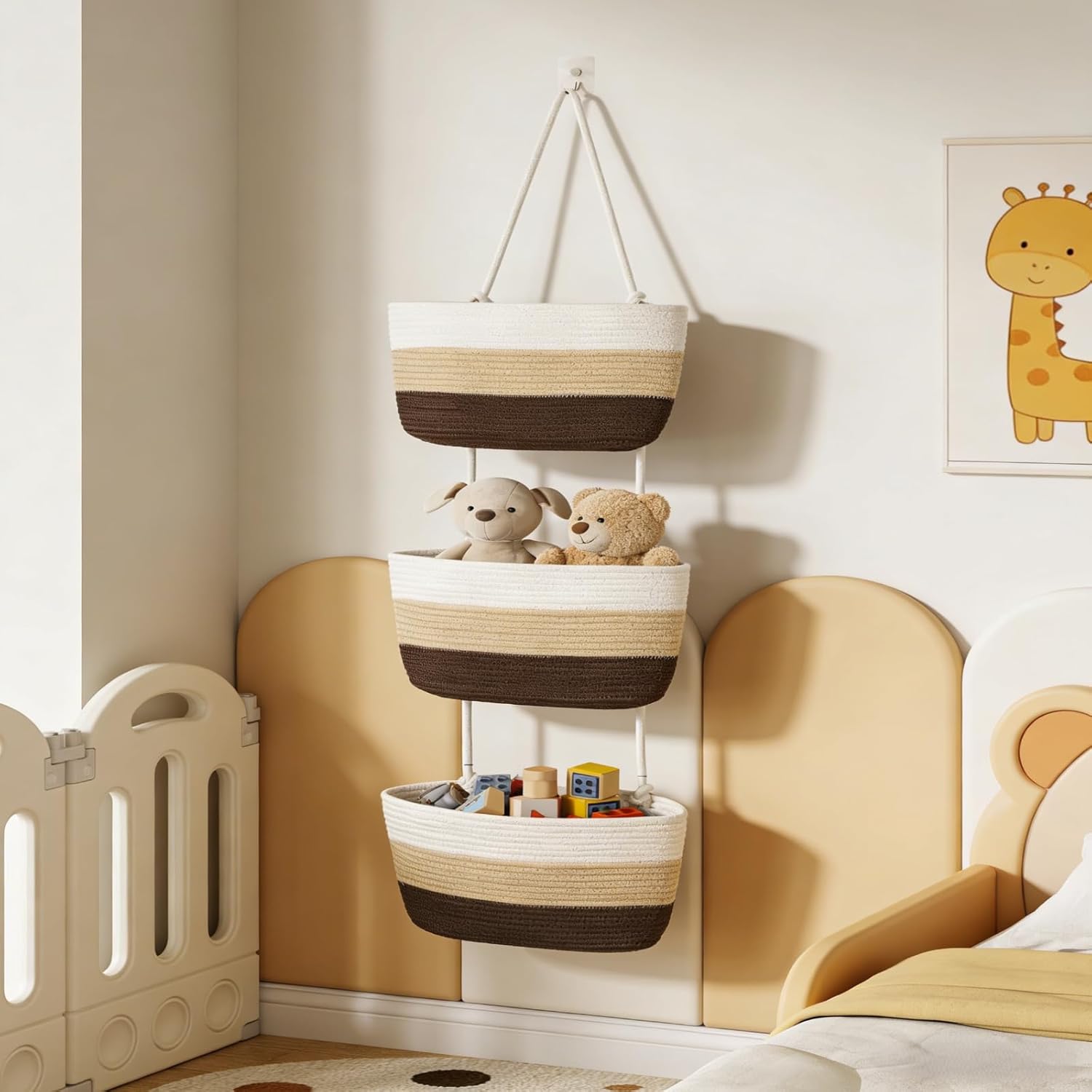 GIFTER 100 Natural Cotton 3-Layer Hanging Storage Basket Decorative Foldable Washable for Home Multi-purpose Organizer Magazines Keys More Comes with Hooks