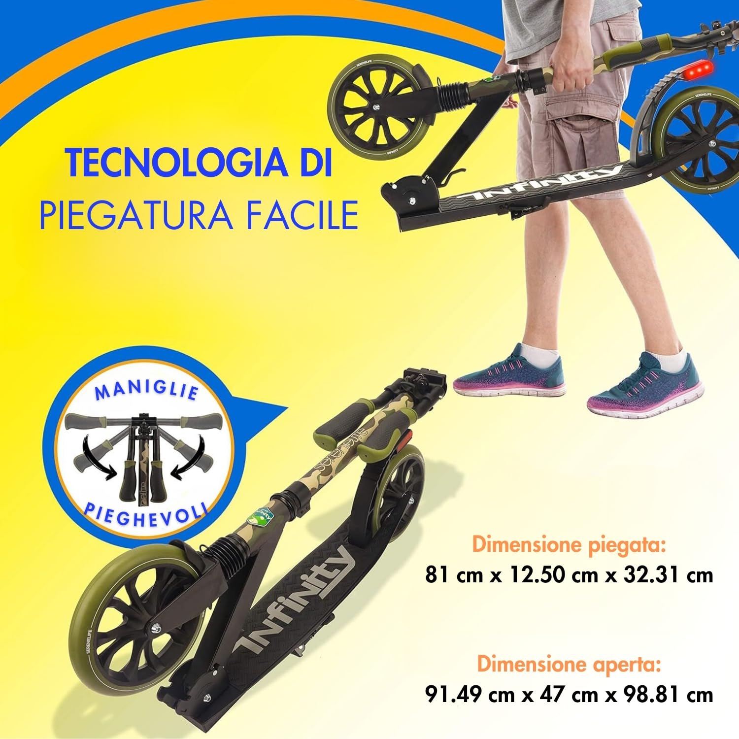 SereneLife Monopattino, Monopattino Bambini da 8 Anni, 2 Ruote con Manubrio Regolabile, Adulti e Adolescenti, Antiscivolo, Monopattino Pieghevole, Monopattino a Spinta e Portatile con Tracolla